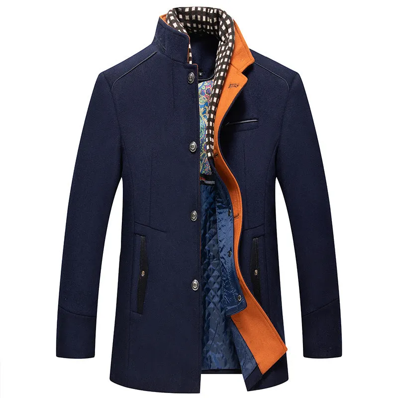 Men's Winter Thick Stand Collar Detachable Scarf Wool Coat