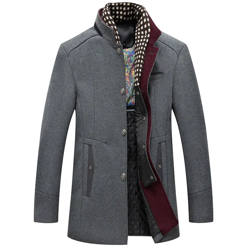 Men's Winter Thick Stand Collar Detachable Scarf Wool Coat