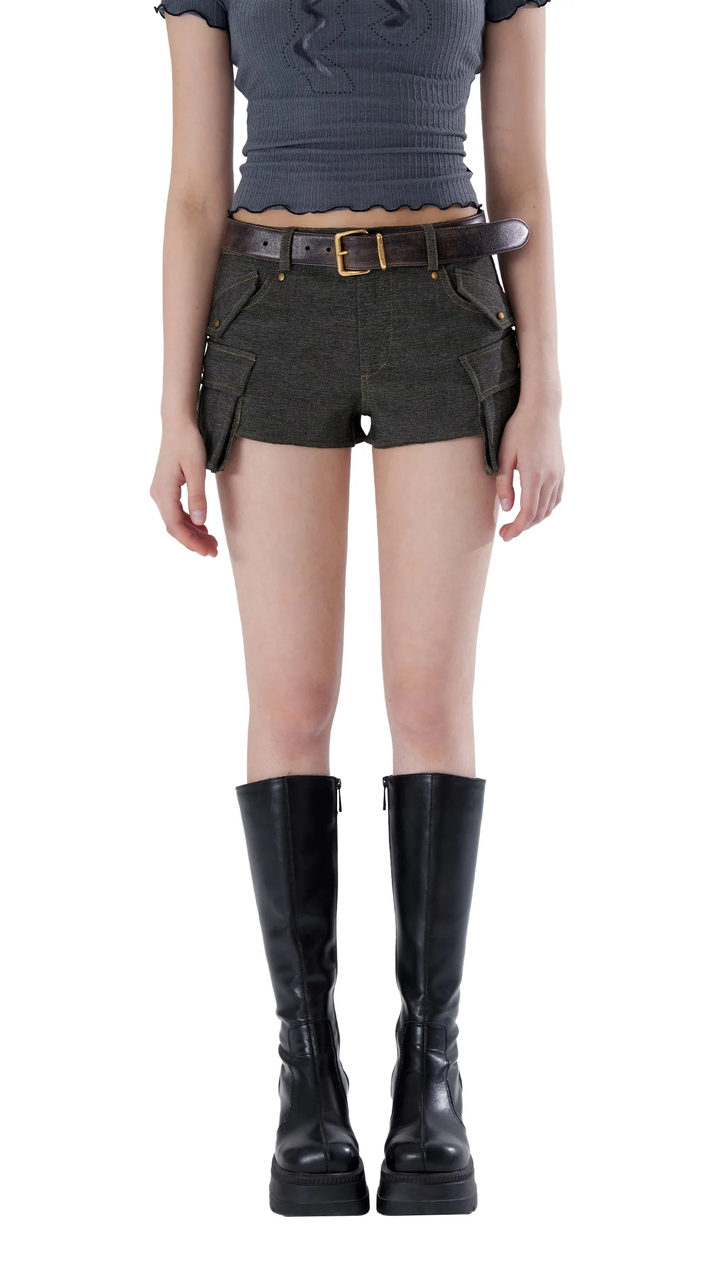 Multi-pocket Faux Denim Track Shorts