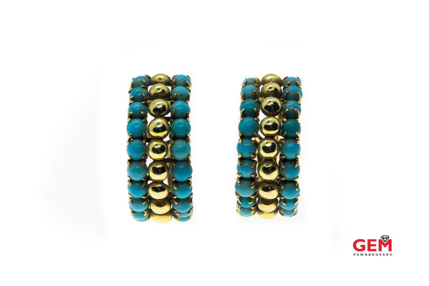 Natural Turquoise Beaded Accent Drop 18K 750 Yellow Gold Earrings