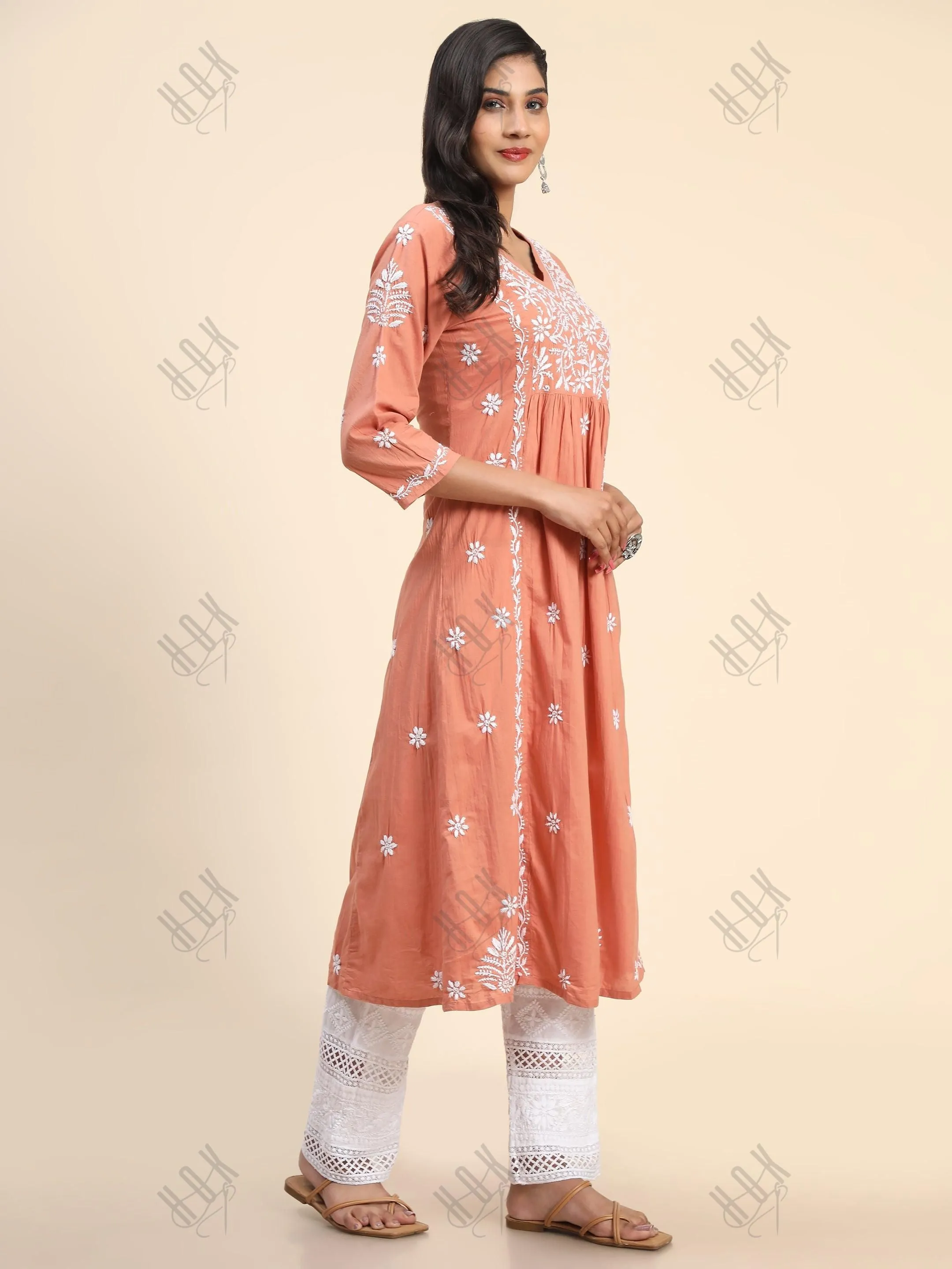 Noor Hand Embroidered Chikankari  Long A-Line Kurti for Women- Coral orange