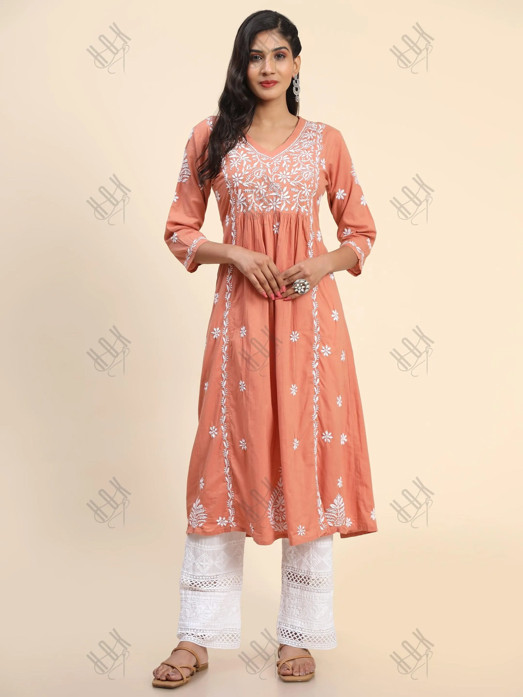 Noor Hand Embroidered Chikankari  Long A-Line Kurti for Women- Coral orange