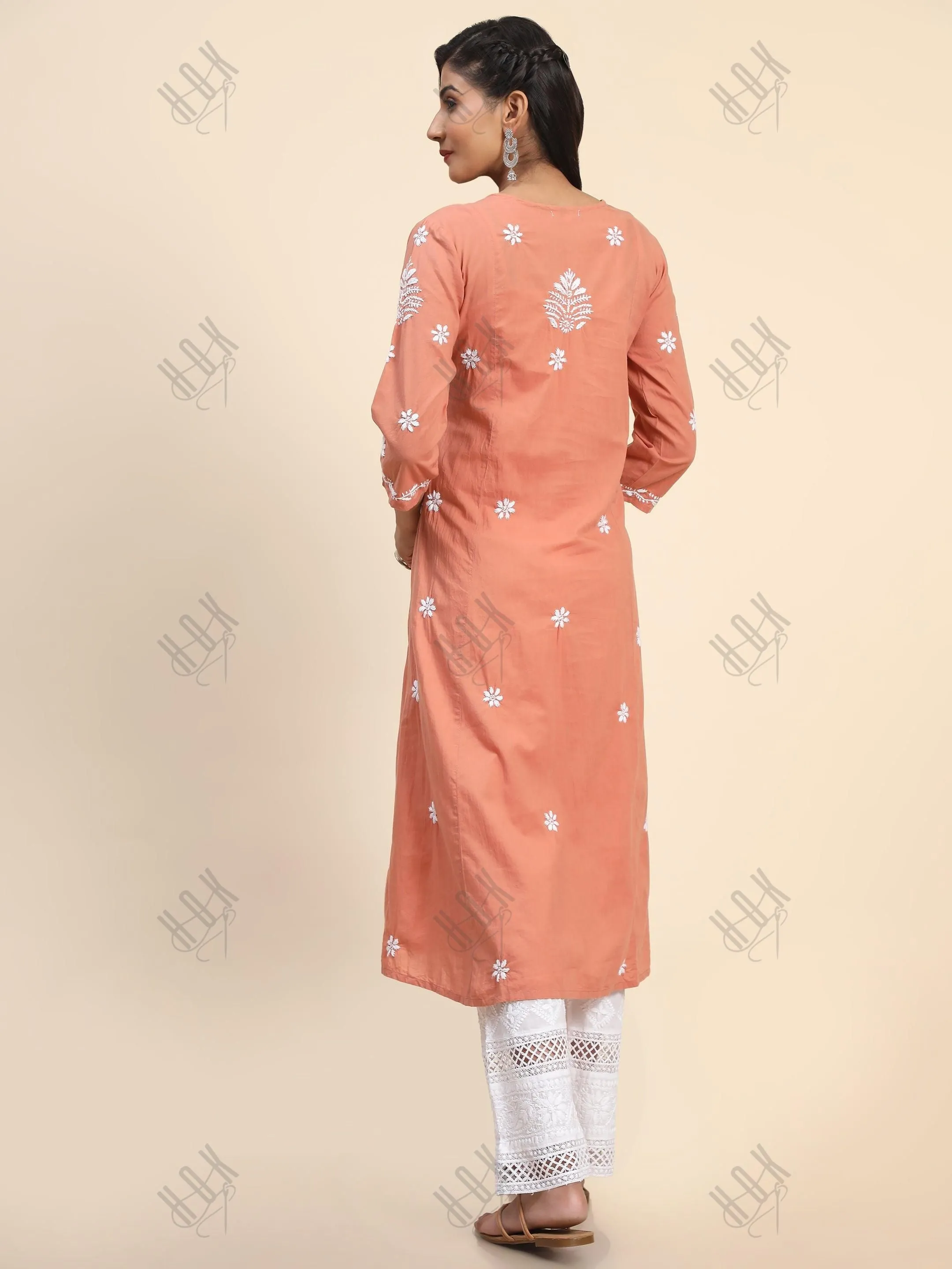 Noor Hand Embroidered Chikankari  Long A-Line Kurti for Women- Coral orange