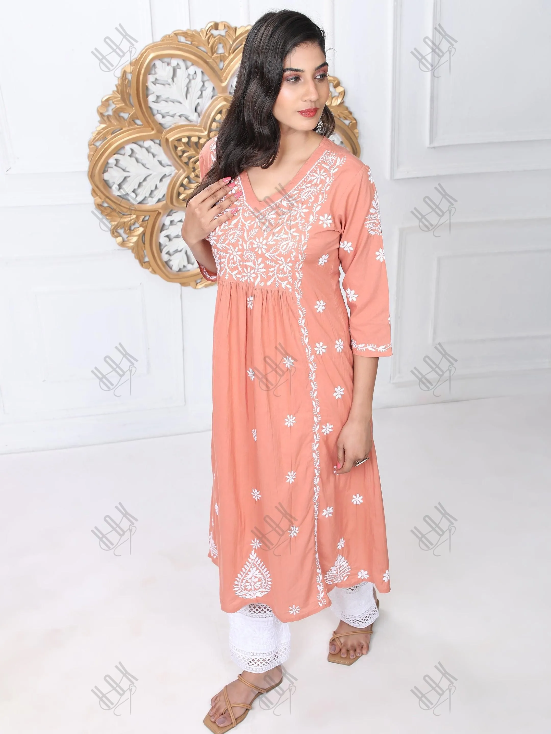 Noor Hand Embroidered Chikankari  Long A-Line Kurti for Women- Coral orange