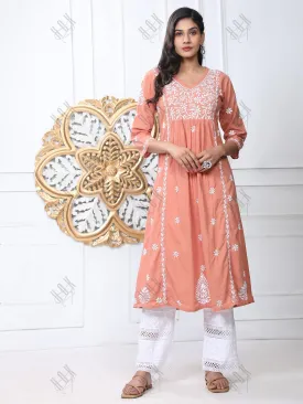 Noor Hand Embroidered Chikankari  Long A-Line Kurti for Women- Coral orange