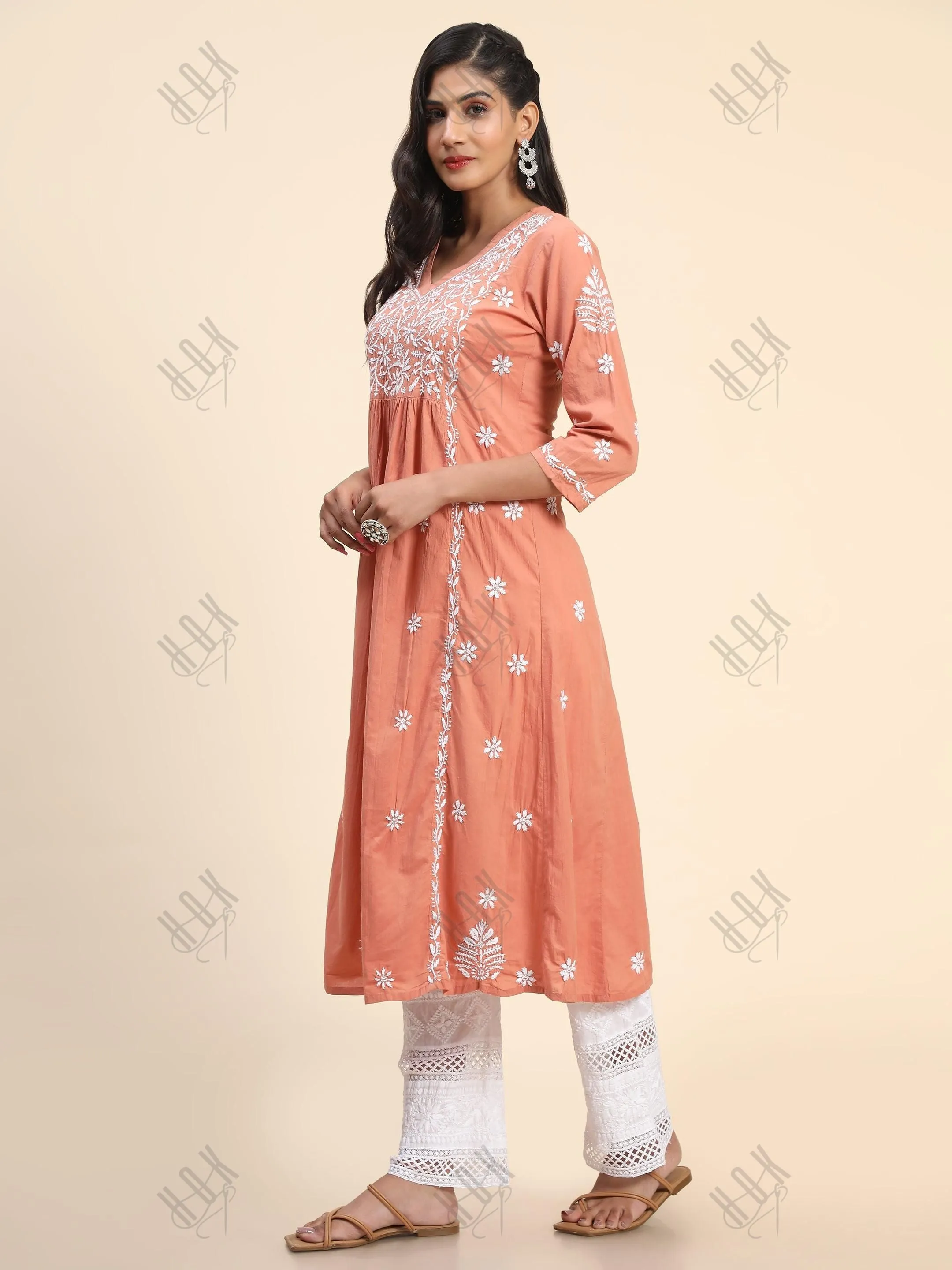 Noor Hand Embroidered Chikankari  Long A-Line Kurti for Women- Coral orange