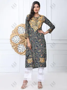 Noor Premium Printed PolySilk Chikankari Long Kurta for Women -Dark Floral Print