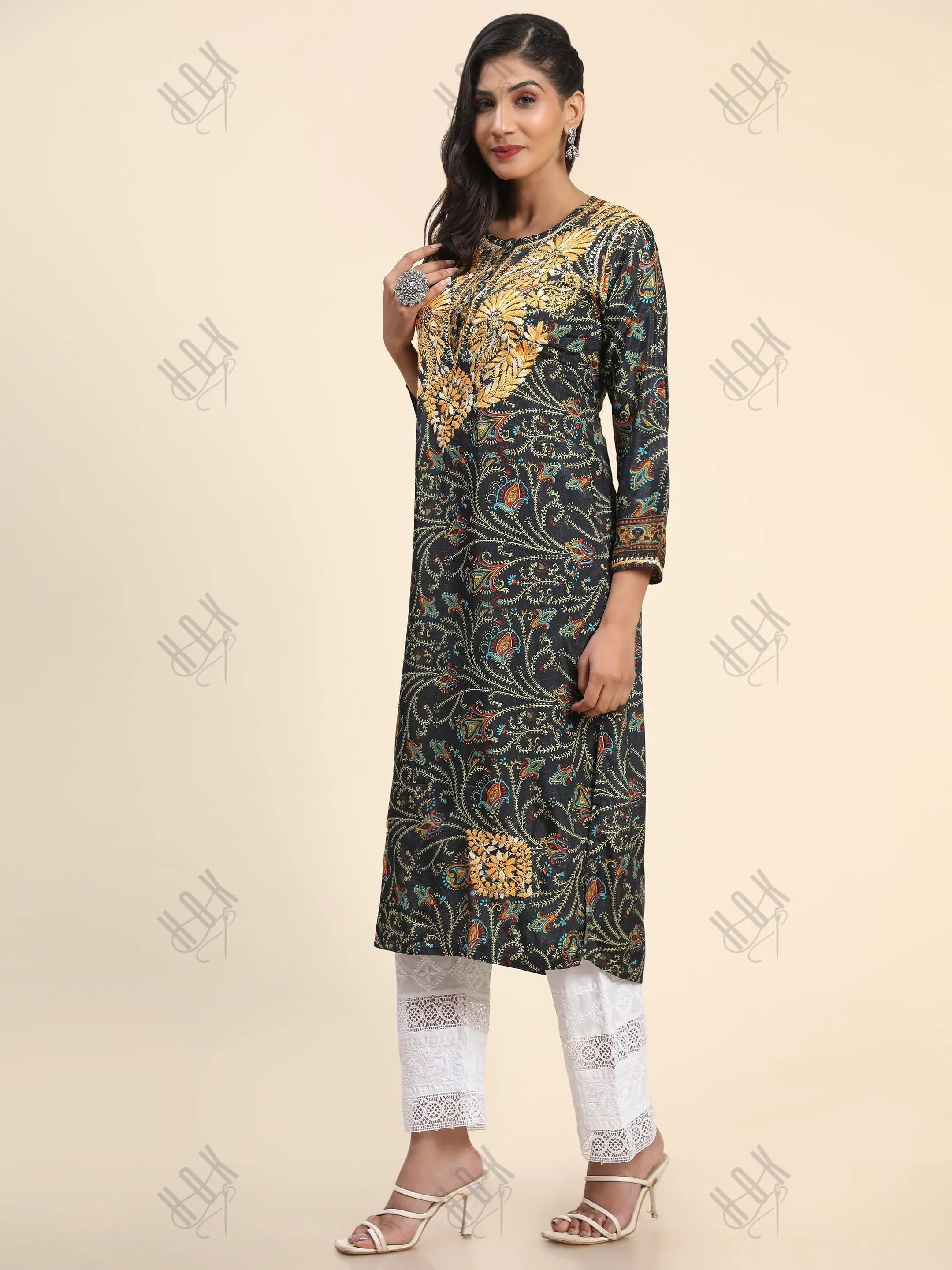 Noor Premium Printed PolySilk Chikankari Long Kurta for Women -Dark Floral Print