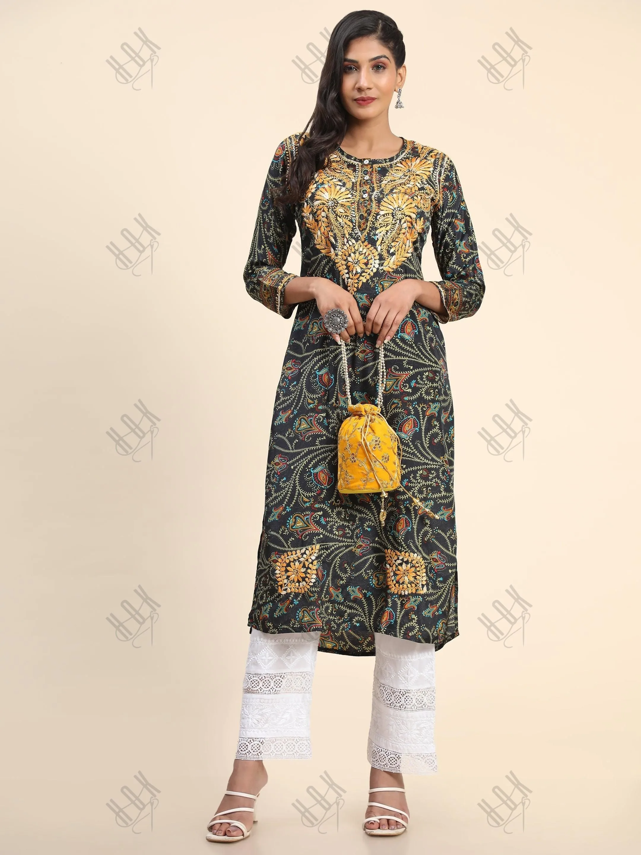 Noor Premium Printed PolySilk Chikankari Long Kurta for Women -Dark Floral Print