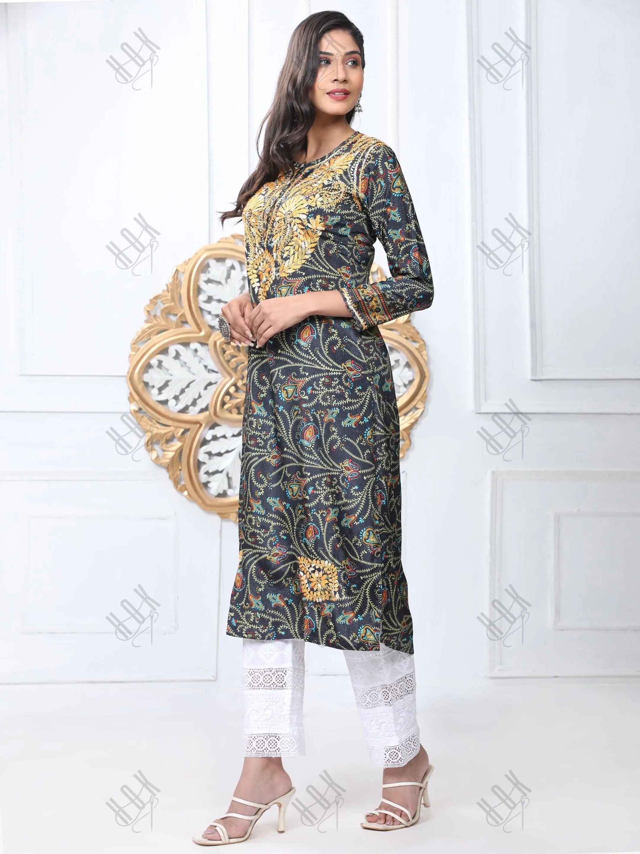 Noor Premium Printed PolySilk Chikankari Long Kurta for Women -Dark Floral Print