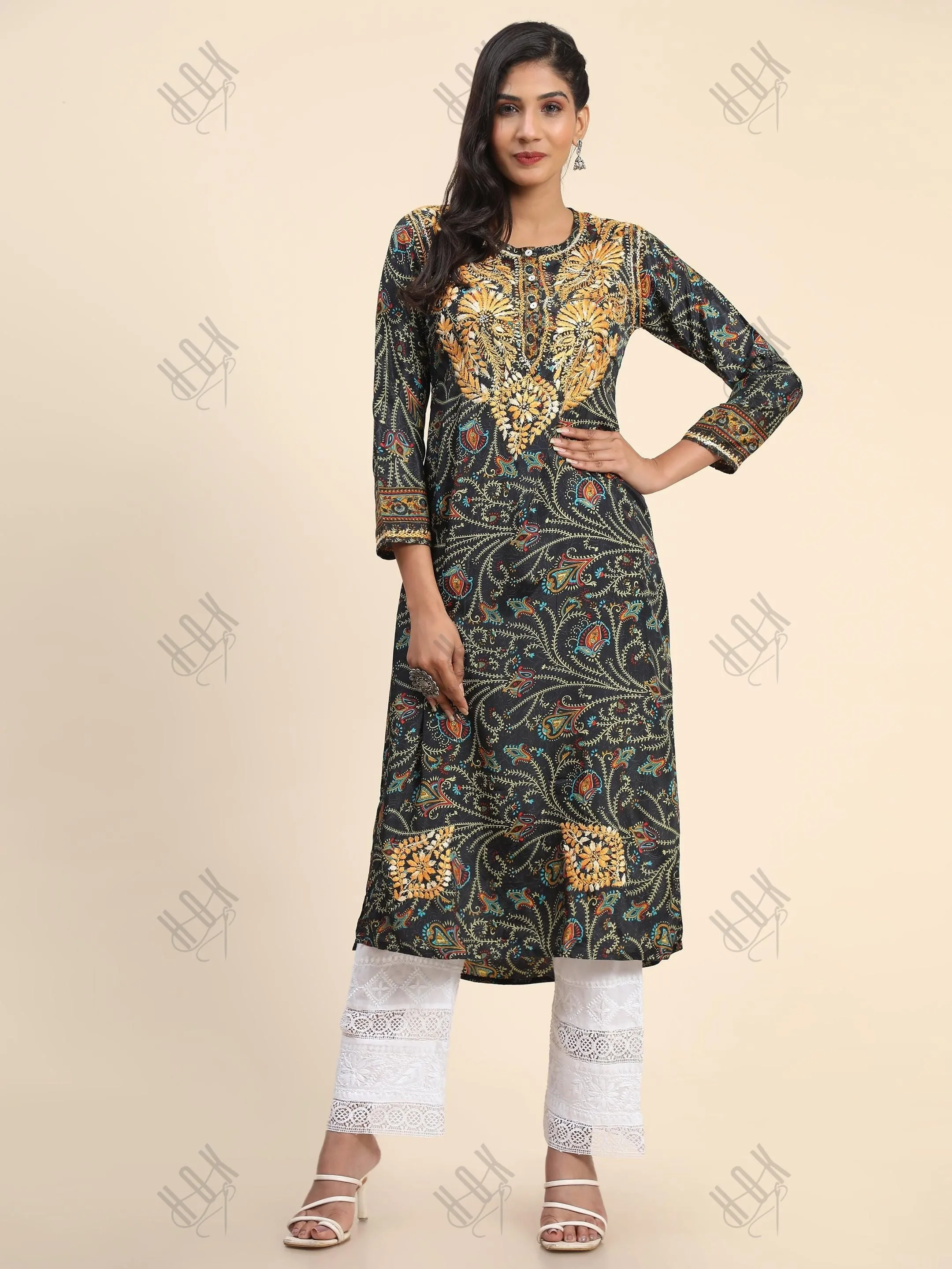 Noor Premium Printed PolySilk Chikankari Long Kurta for Women -Dark Floral Print