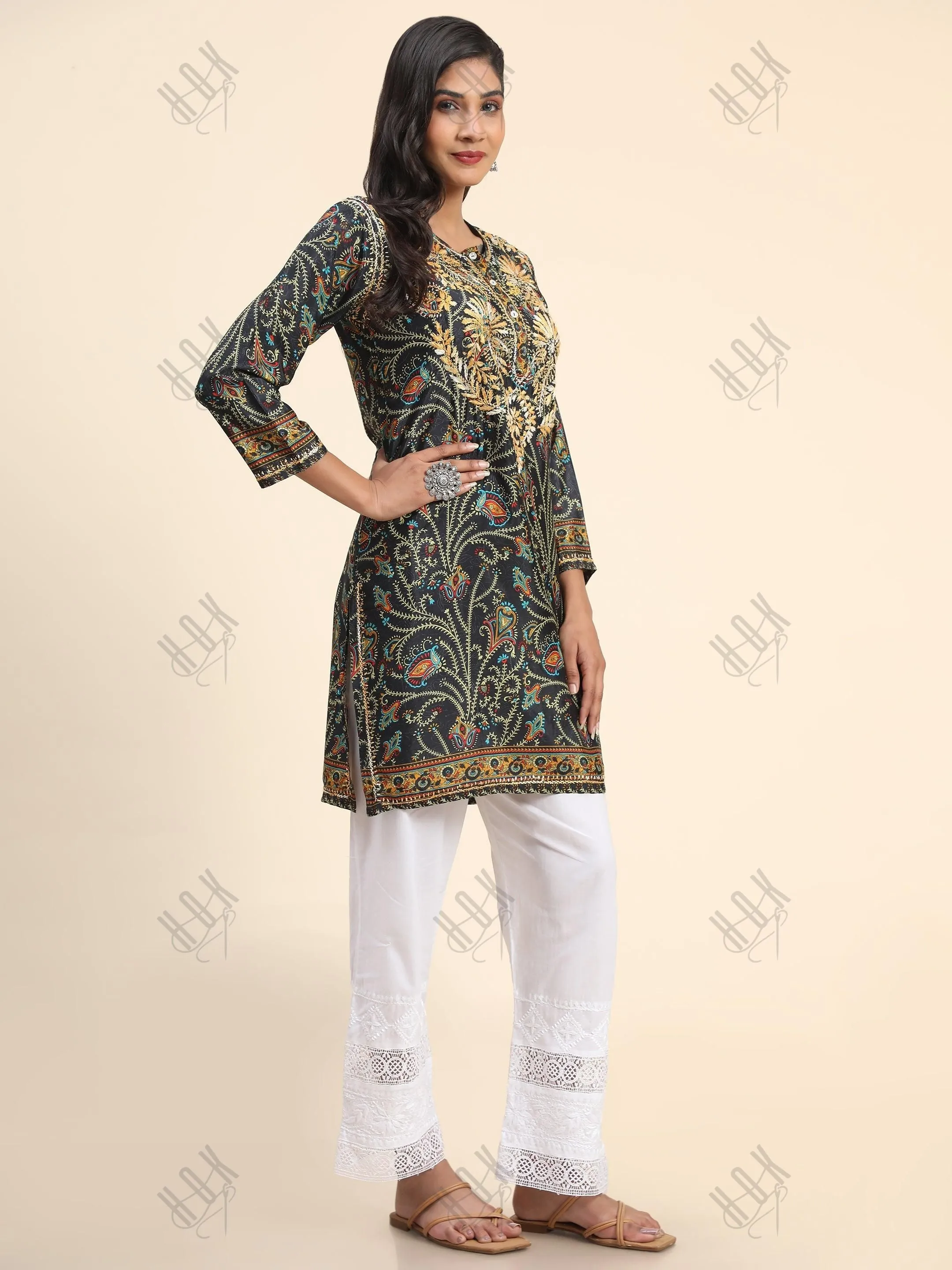 Noor Premium Printed PolySilk Long Chikankari Tunic for Women -Dark Floral Print