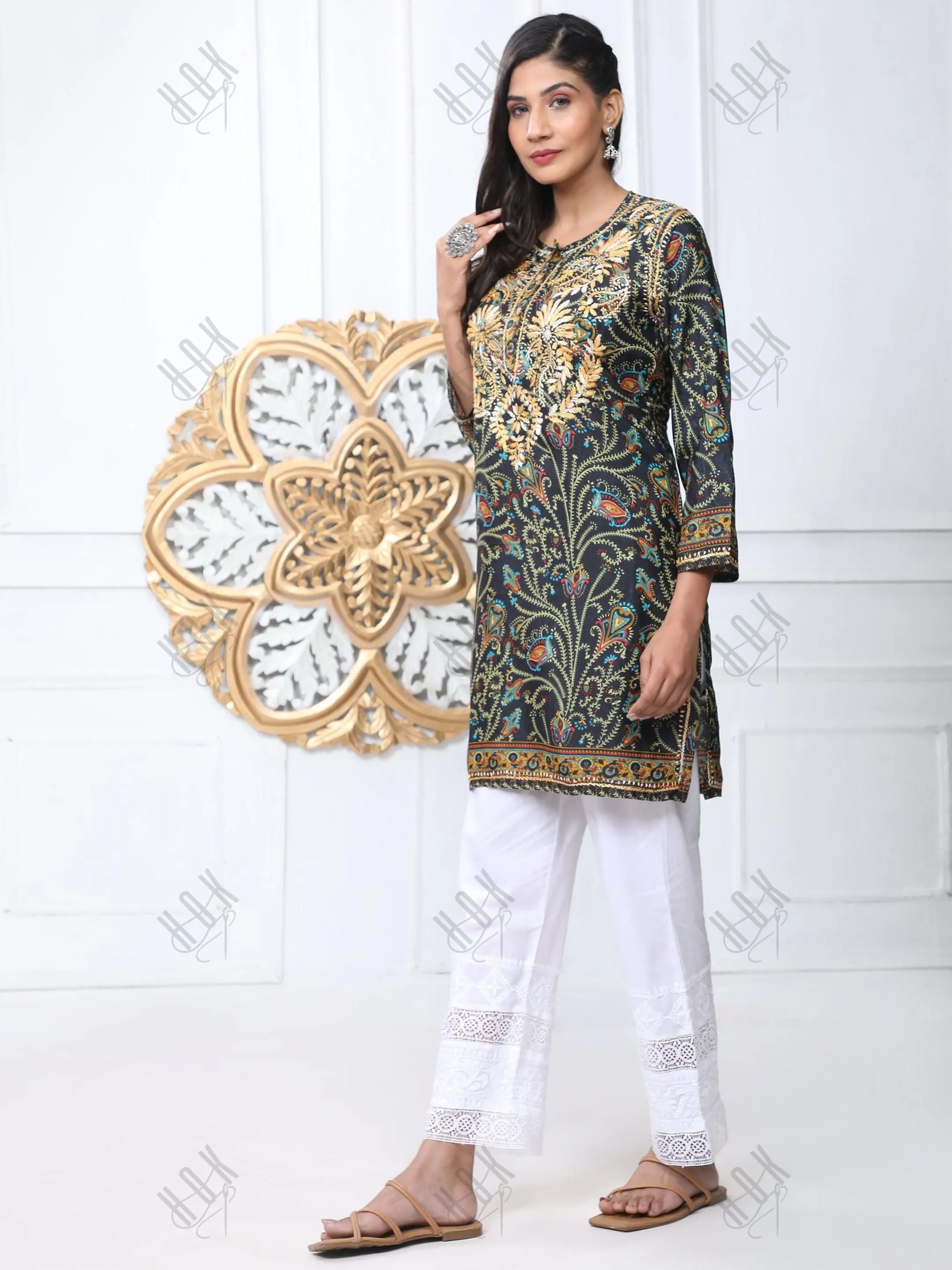 Noor Premium Printed PolySilk Long Chikankari Tunic for Women -Dark Floral Print