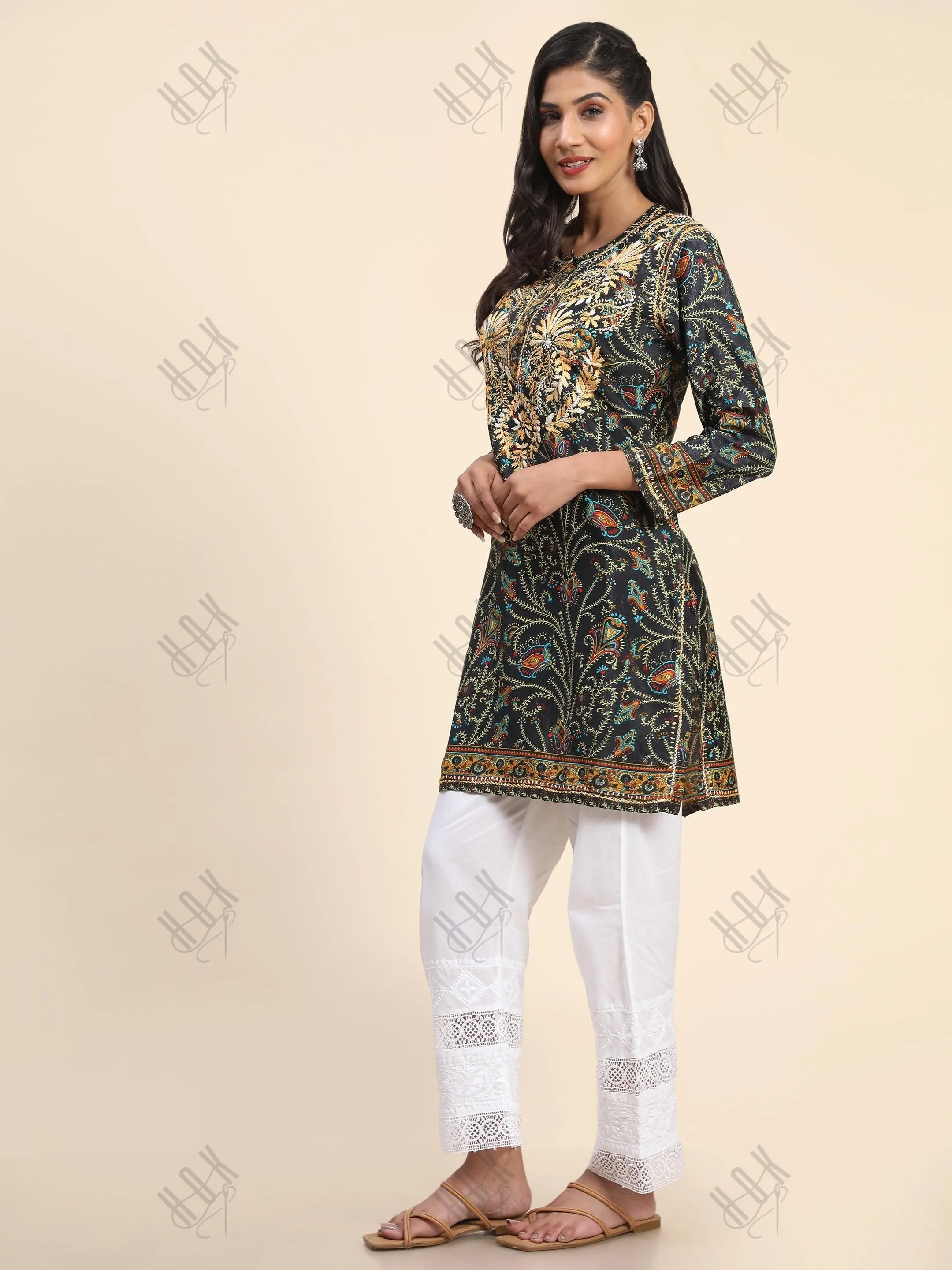 Noor Premium Printed PolySilk Long Chikankari Tunic for Women -Dark Floral Print