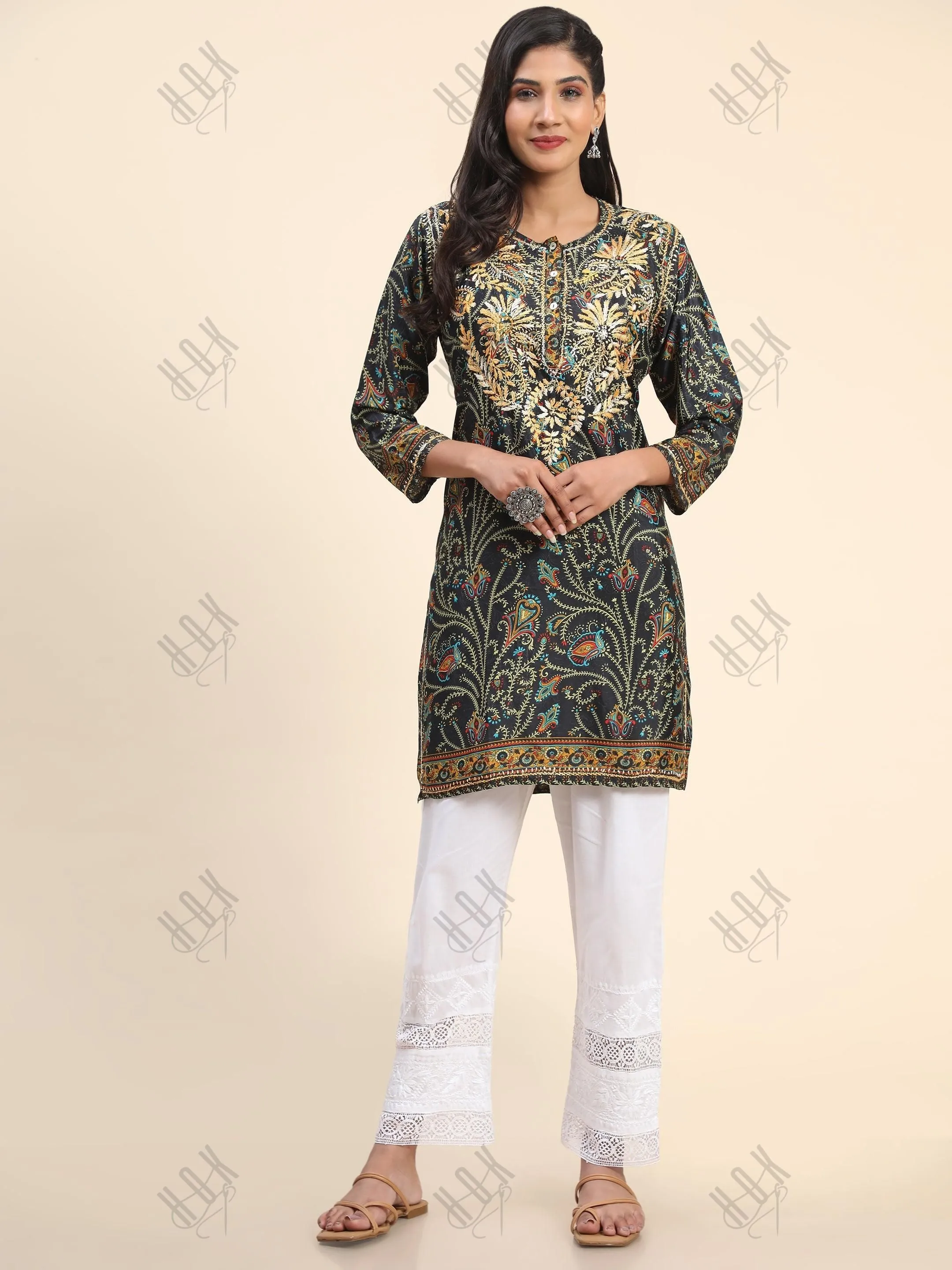 Noor Premium Printed PolySilk Long Chikankari Tunic for Women -Dark Floral Print