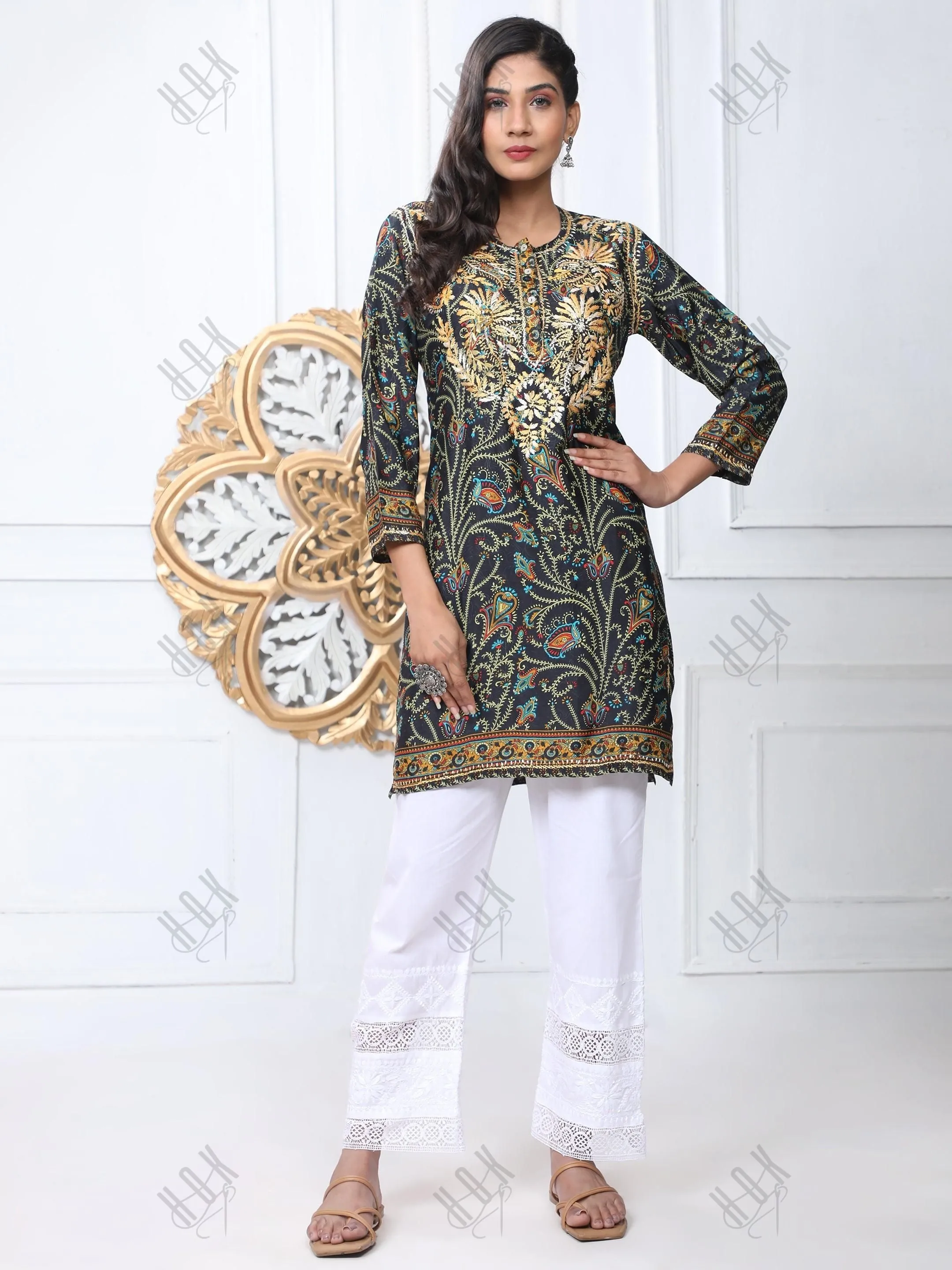 Noor Premium Printed PolySilk Long Chikankari Tunic for Women -Dark Floral Print