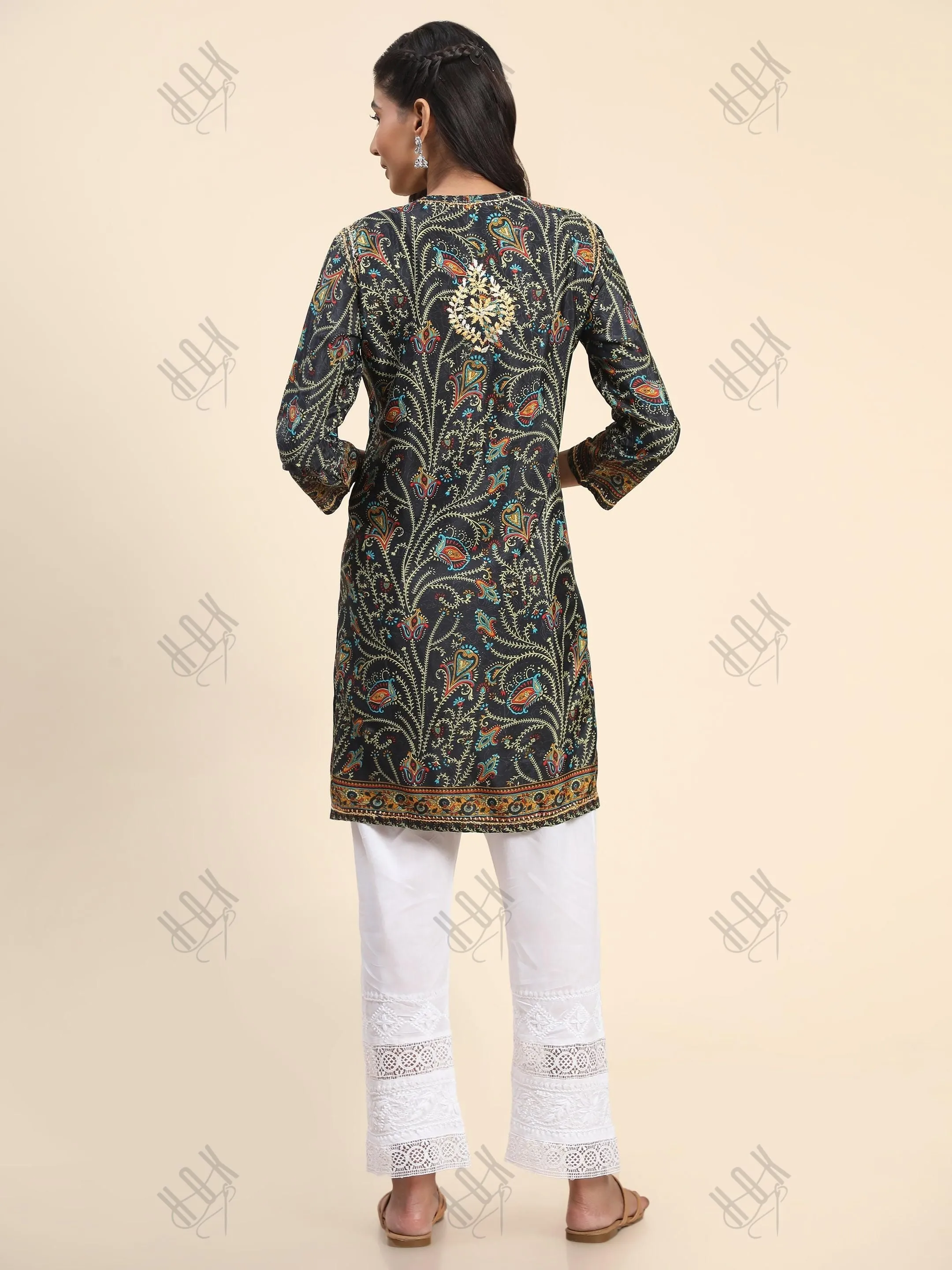 Noor Premium Printed PolySilk Long Chikankari Tunic for Women -Dark Floral Print