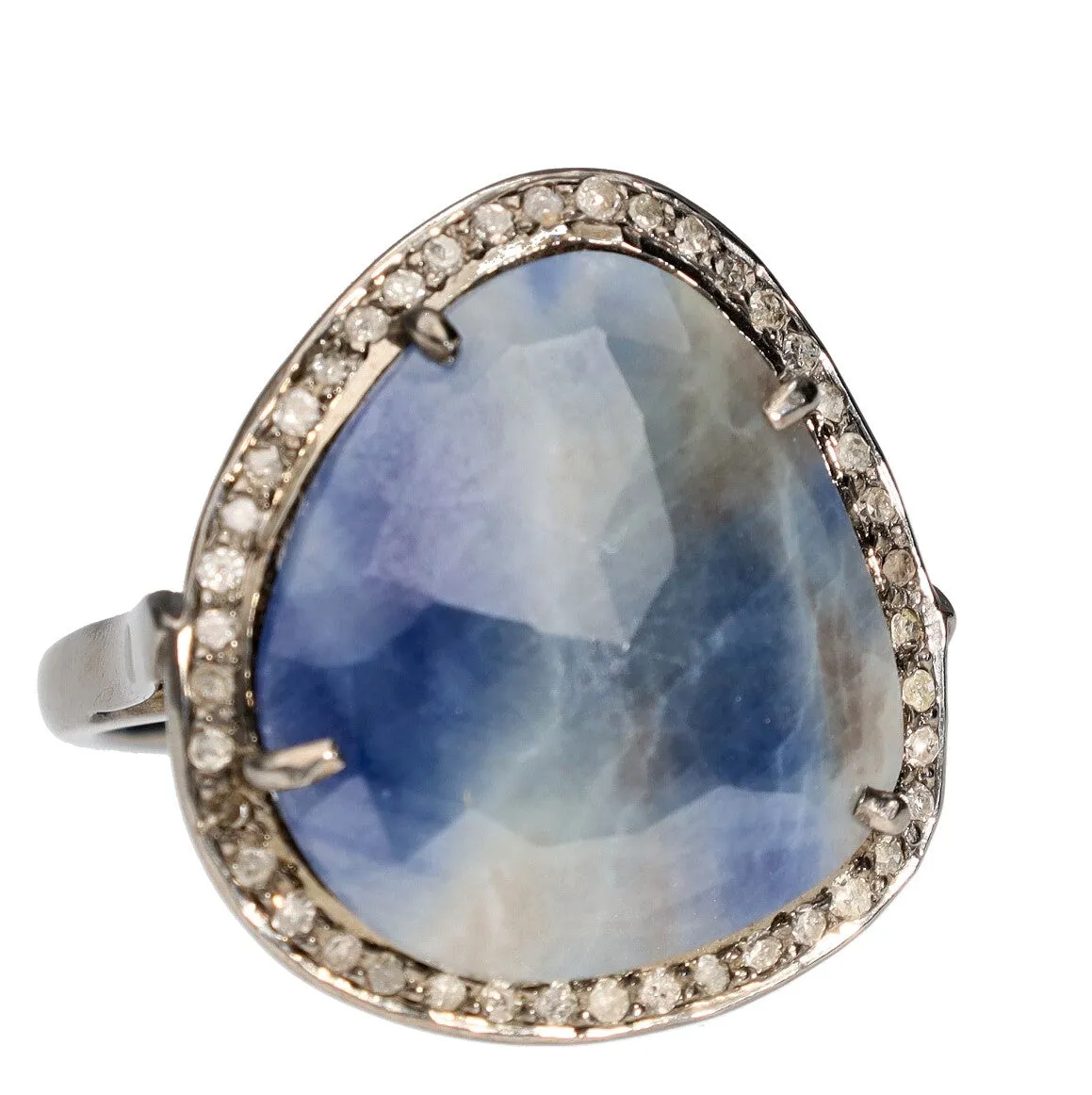 Oxidized Sterling Silver Sapphire Slice and Diamond Ring