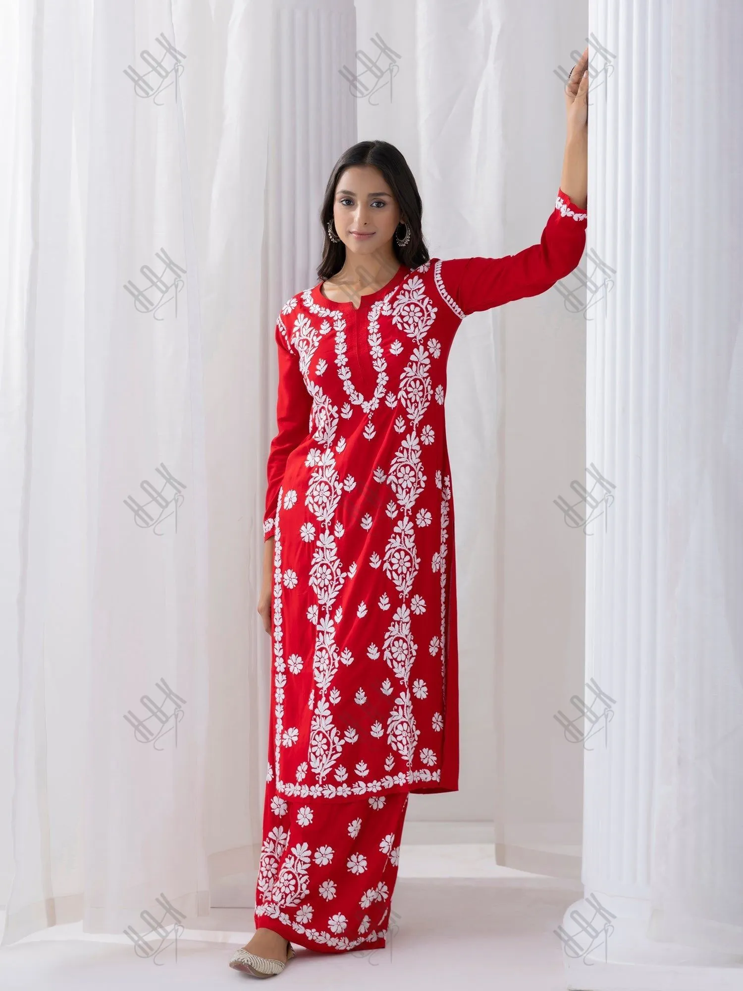 Parisa in chikankari Kurta in Modal cotton with Notch Neck Red