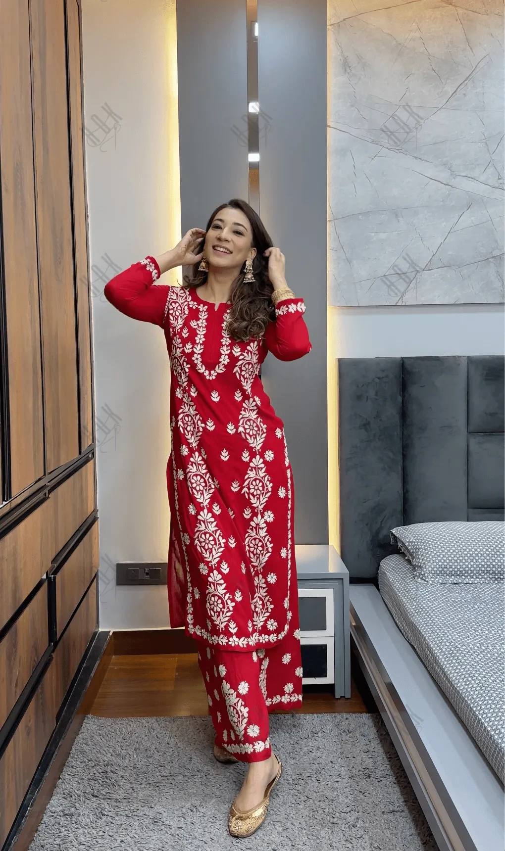 Parisa in chikankari Kurta in Modal cotton with Notch Neck Red