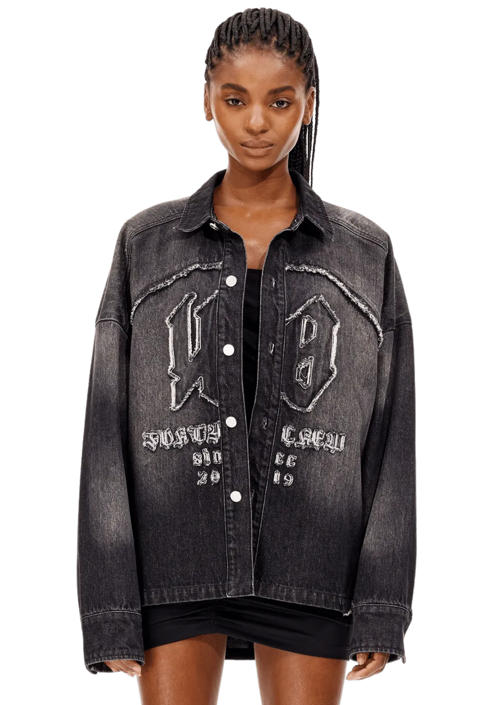 Patchwork Embroidery Frayed Denim Jacket