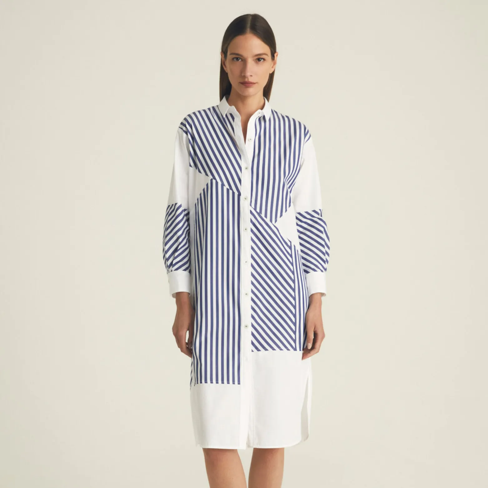 Patchwork Striped Shirt Dress - Navy   White