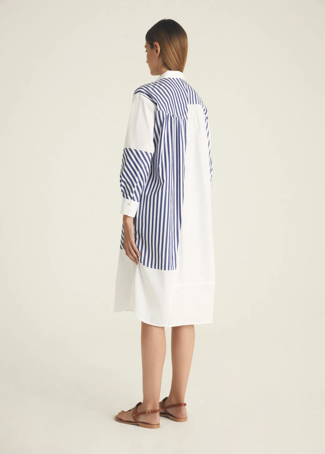 Patchwork Striped Shirt Dress - Navy   White