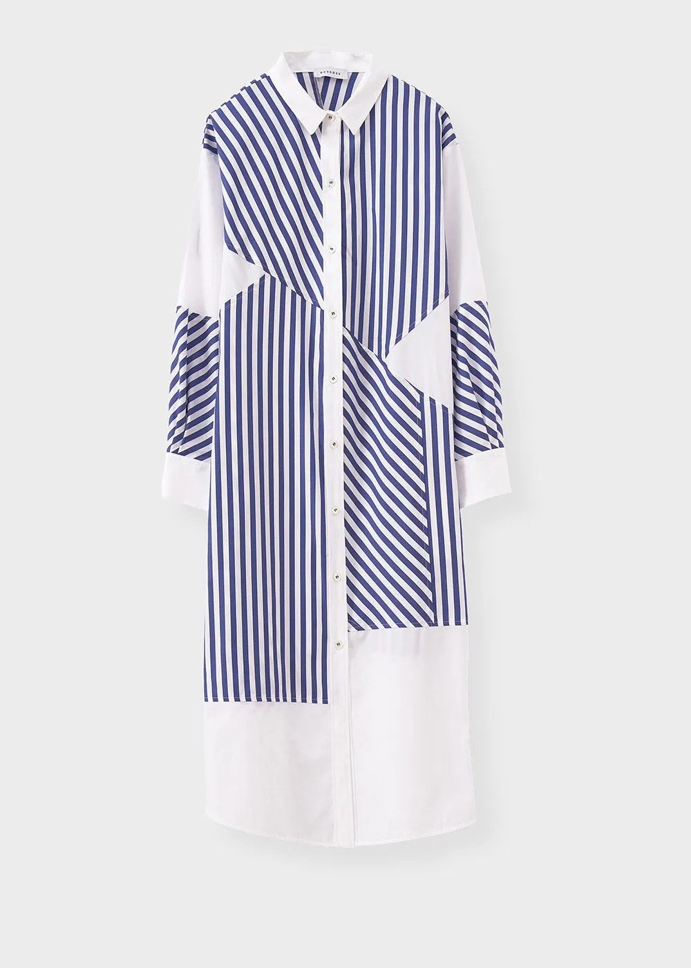 Patchwork Striped Shirt Dress - Navy   White