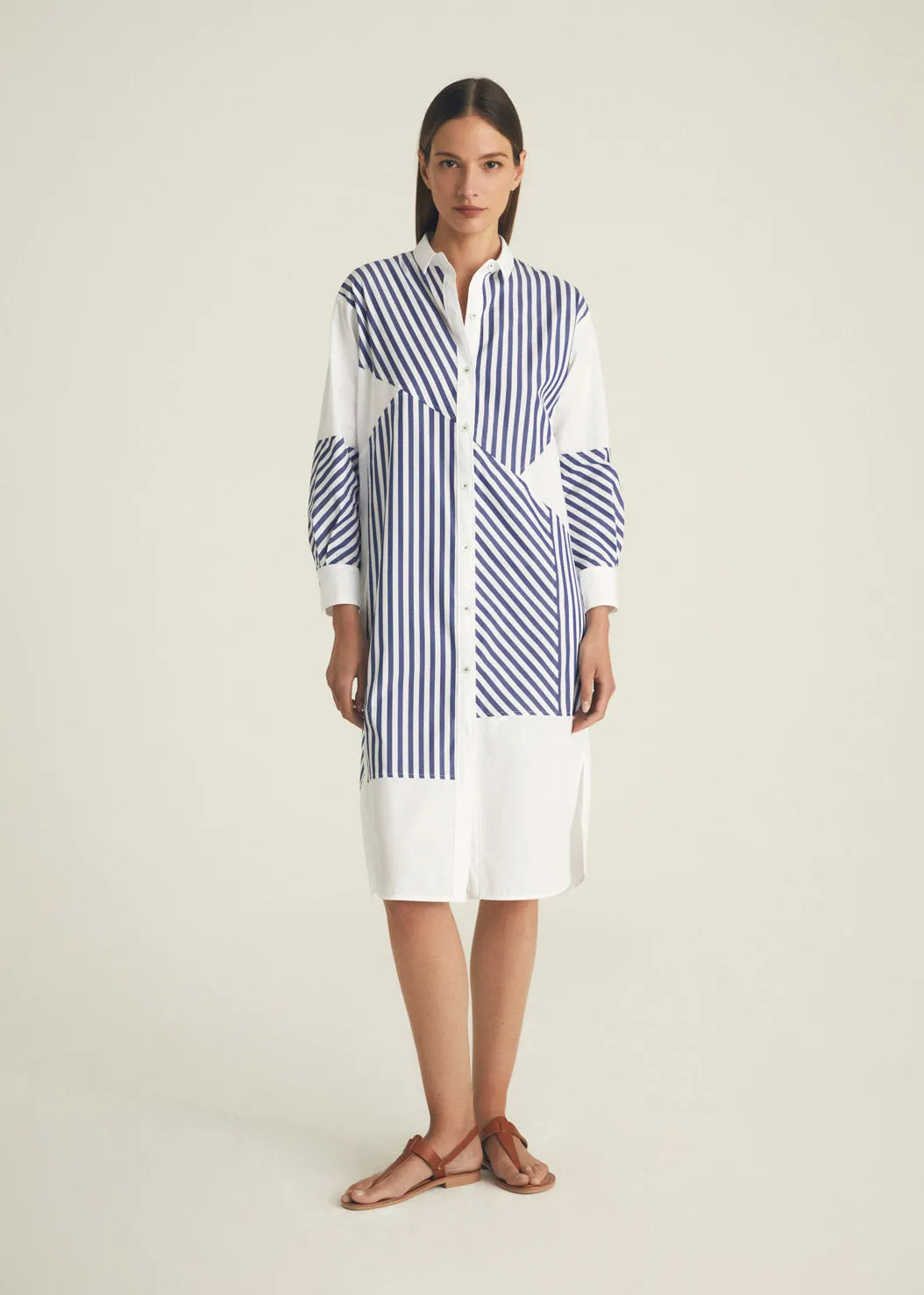 Patchwork Striped Shirt Dress - Navy   White