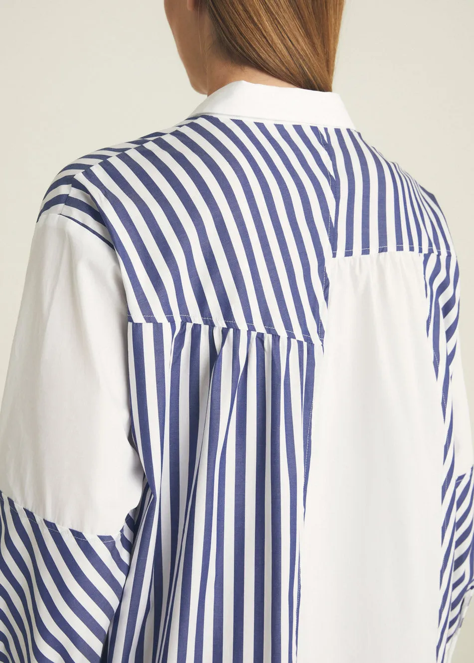 Patchwork Striped Shirt Dress - Navy   White