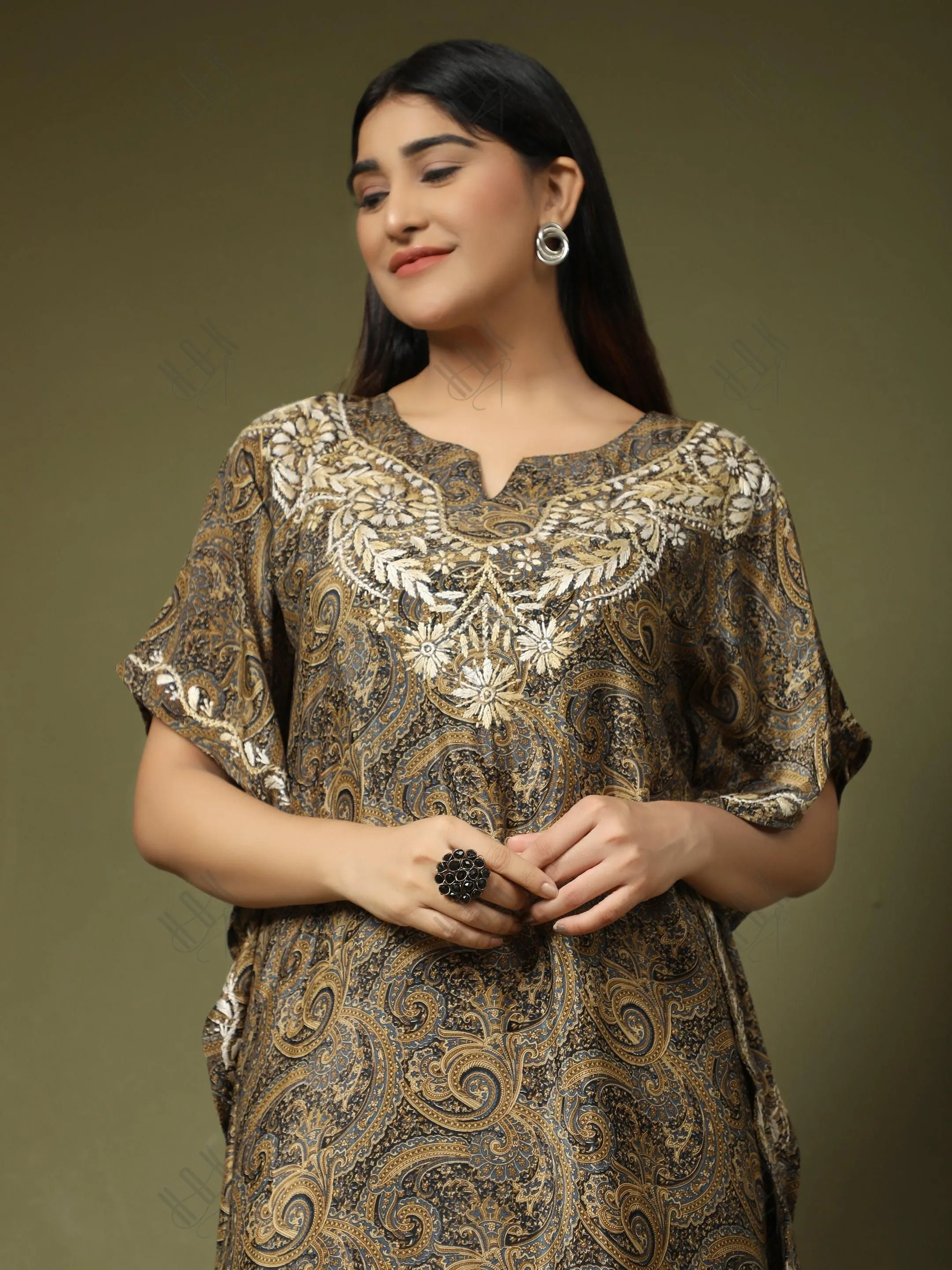 Premium Hand Embroidery Chikankari PolySilk Kaftan Top wear for Women Dark Brown Print