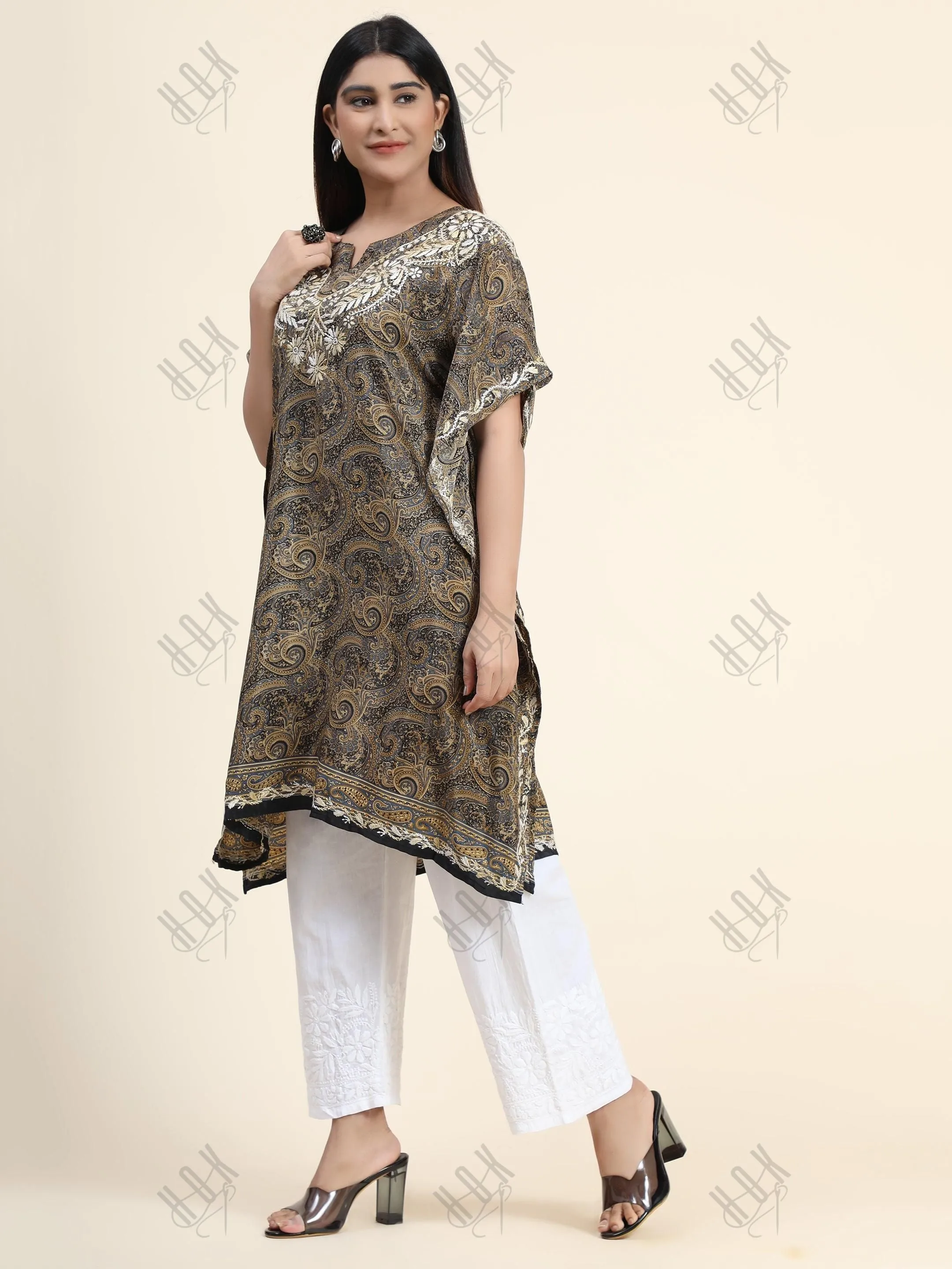 Premium Hand Embroidery Chikankari PolySilk Kaftan Top wear for Women Dark Brown Print