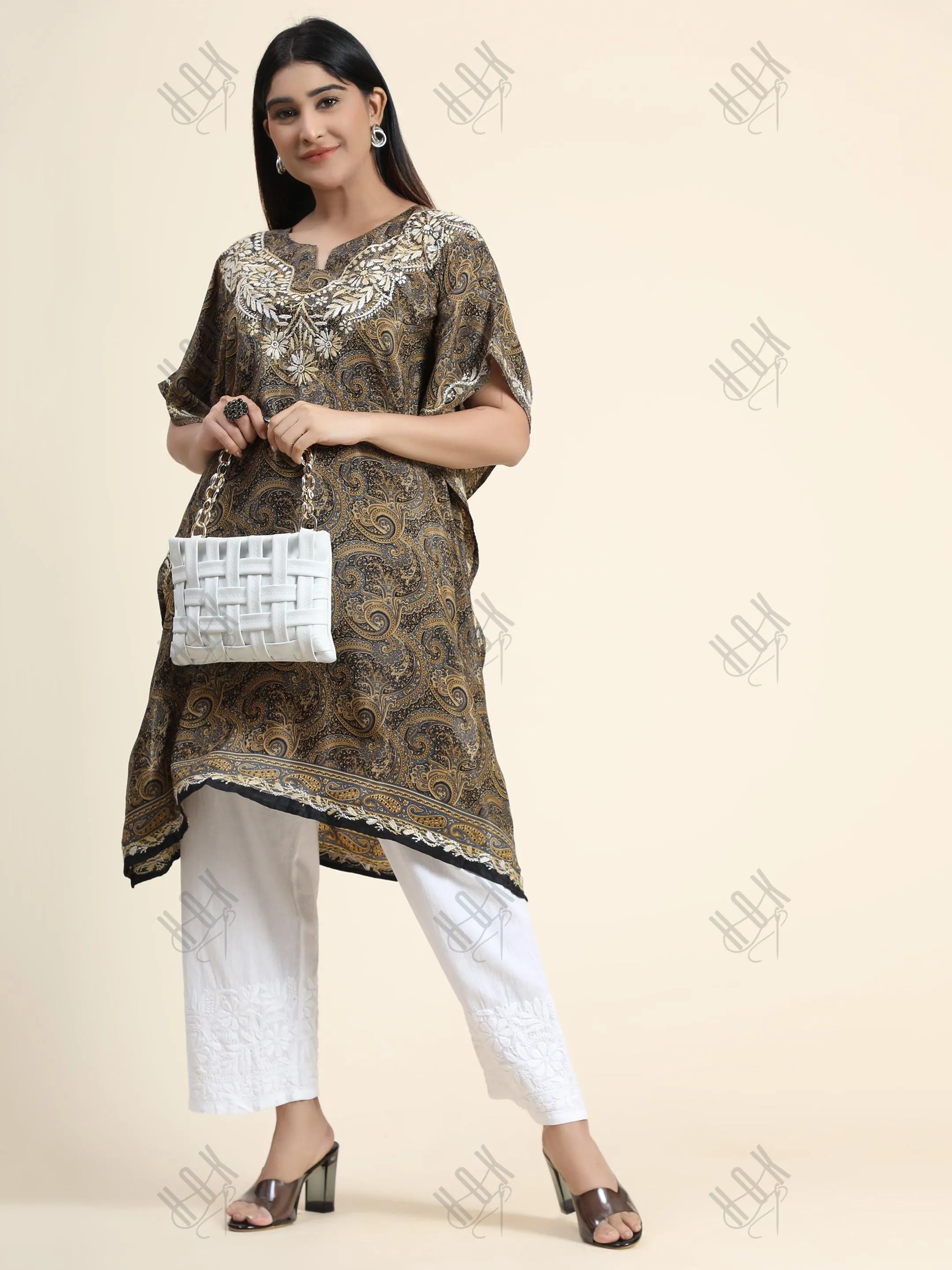 Premium Hand Embroidery Chikankari PolySilk Kaftan Top wear for Women Dark Brown Print