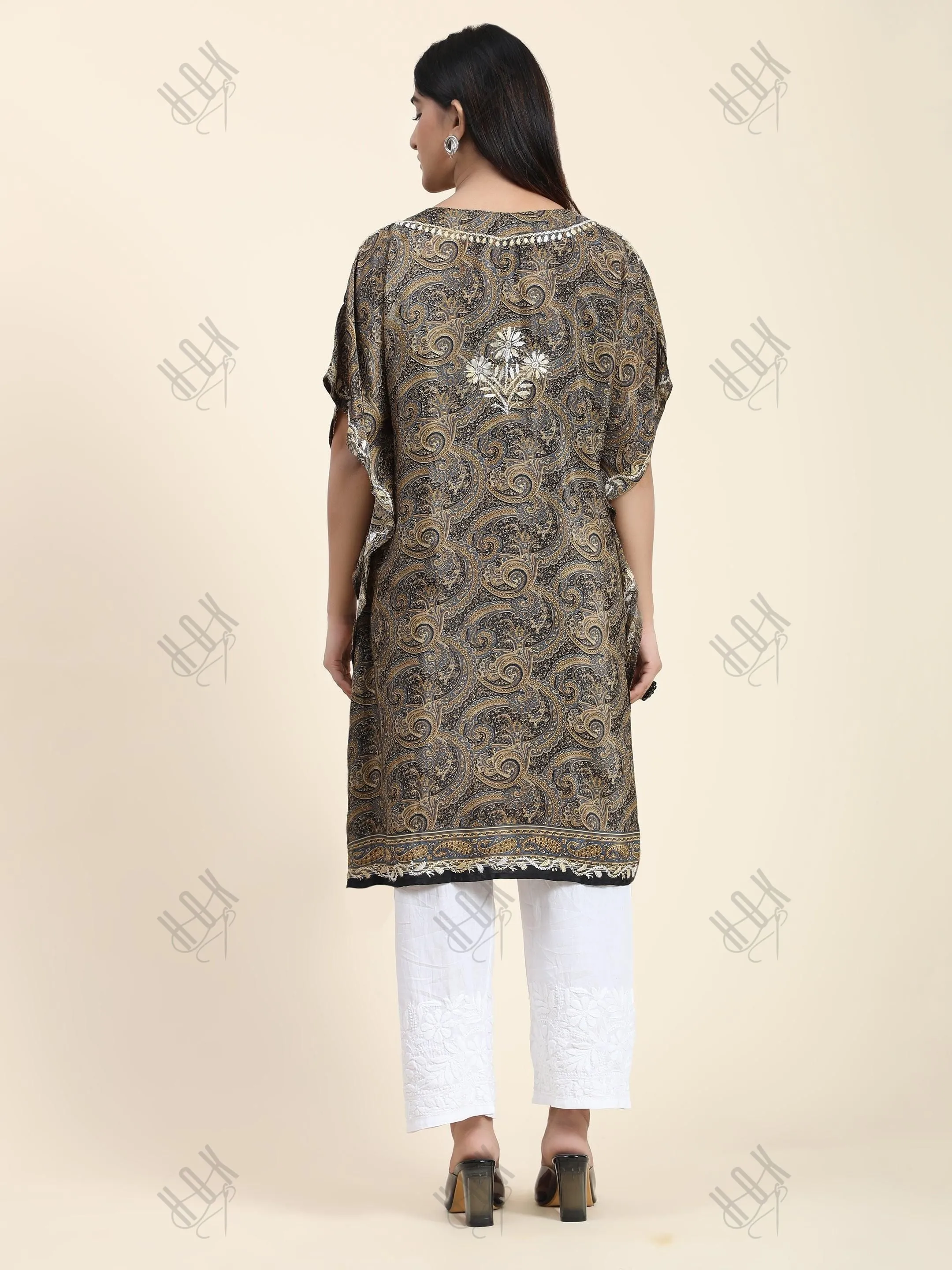 Premium Hand Embroidery Chikankari PolySilk Kaftan Top wear for Women Dark Brown Print