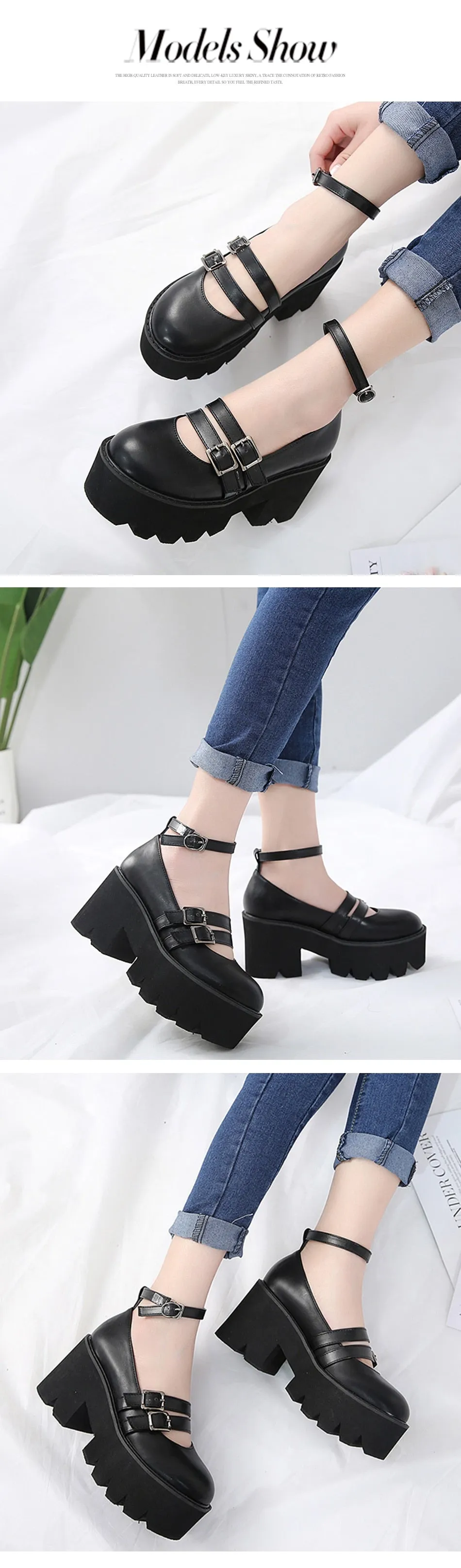 Pump Gothic Shoes Ankle Strap High Chunky Heels Platform