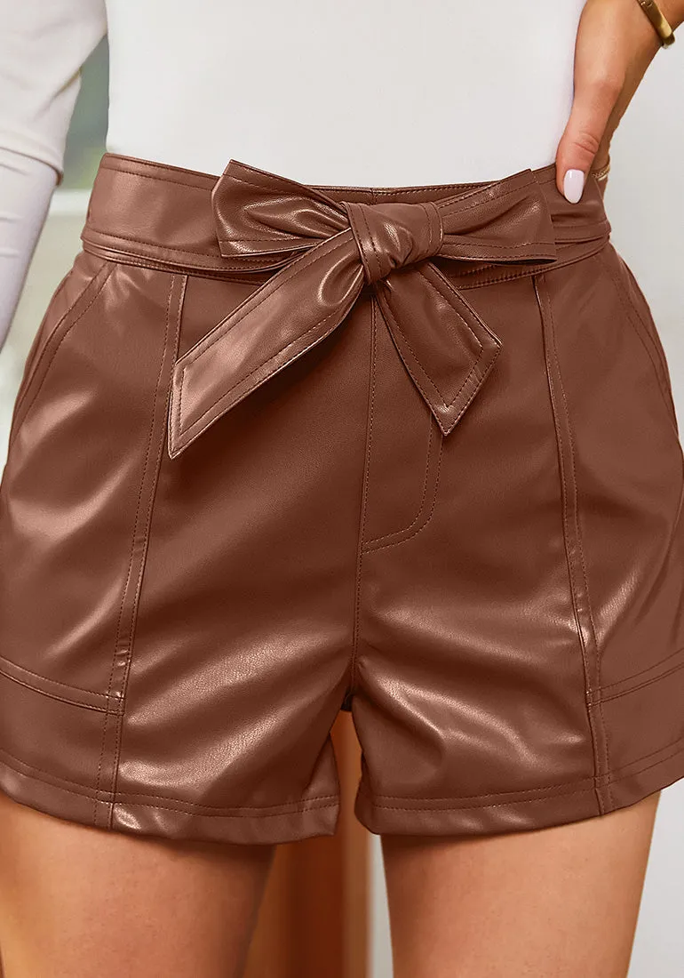 Rustic Brown Women's High Waist Wide Leg Stretch Belted Shorts PU Leather Pants