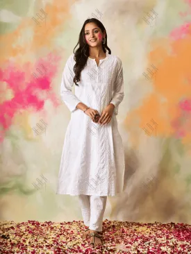 Samma Chikankari Long Kurta Cotton for Women- White