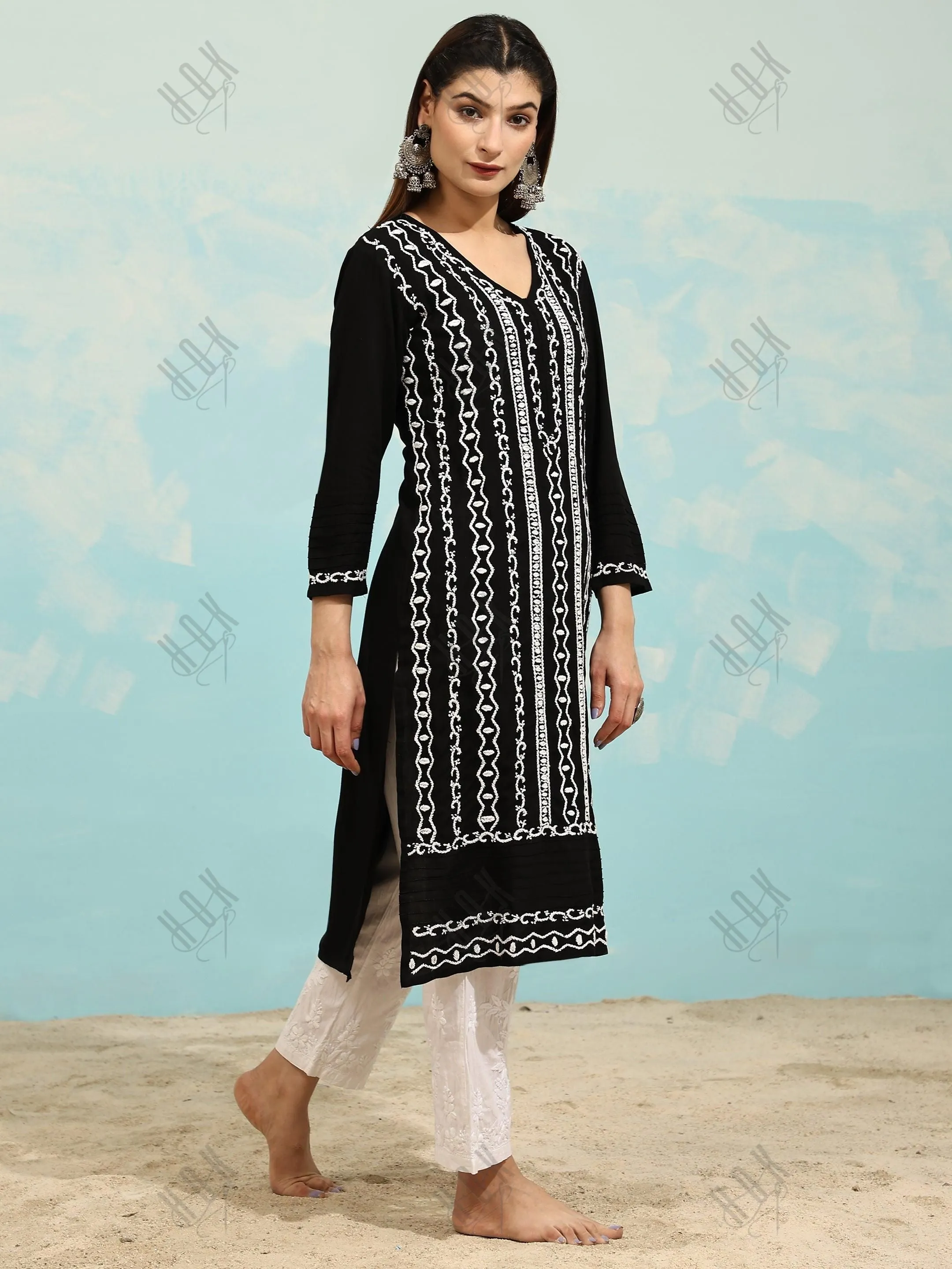 Samma Chikankari Long Kurta in Rayon Cotton for Women- Black With White