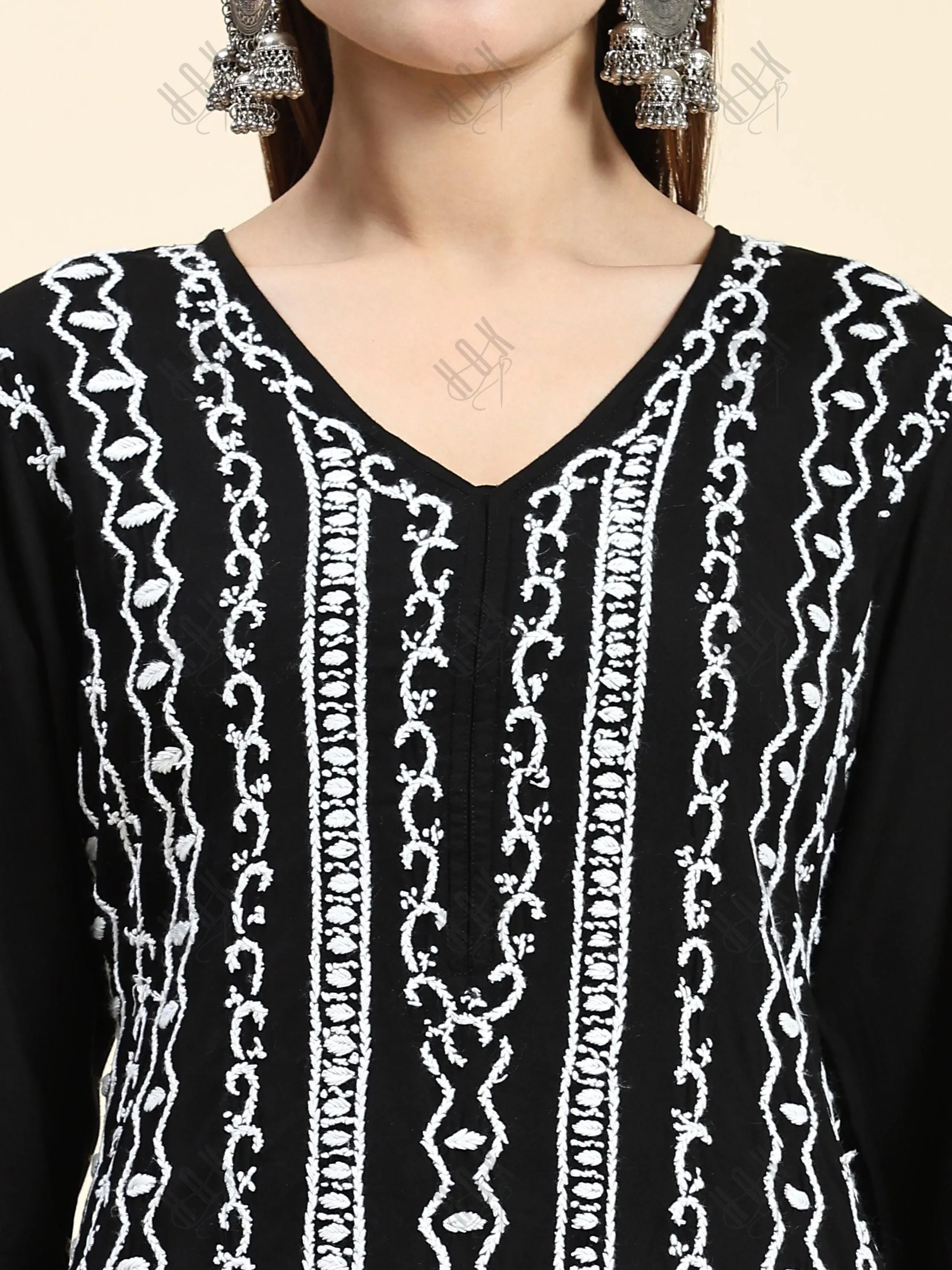 Samma Chikankari Long Kurta in Rayon Cotton for Women- Black With White