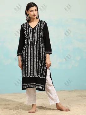 Samma Chikankari Long Kurta in Rayon Cotton for Women- Black With White