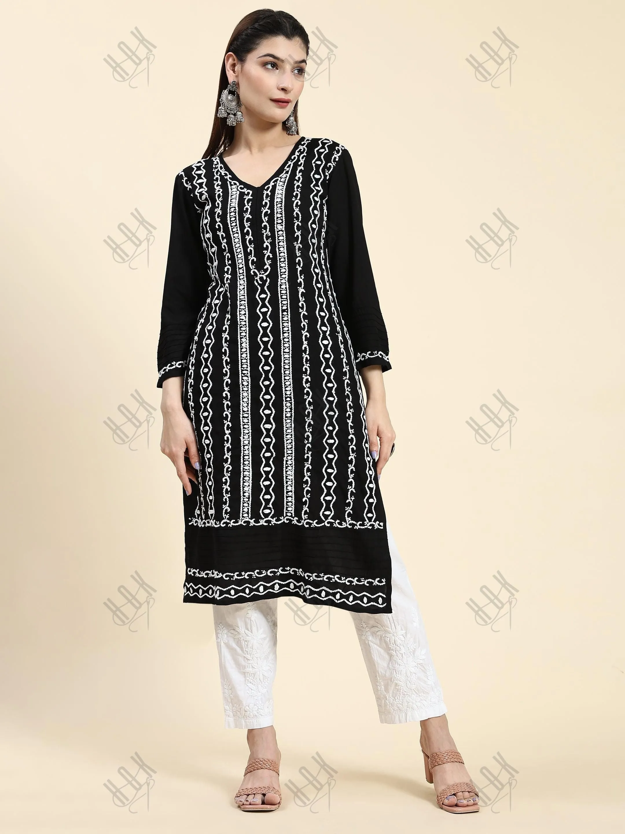 Samma Chikankari Long Kurta in Rayon Cotton for Women- Black With White