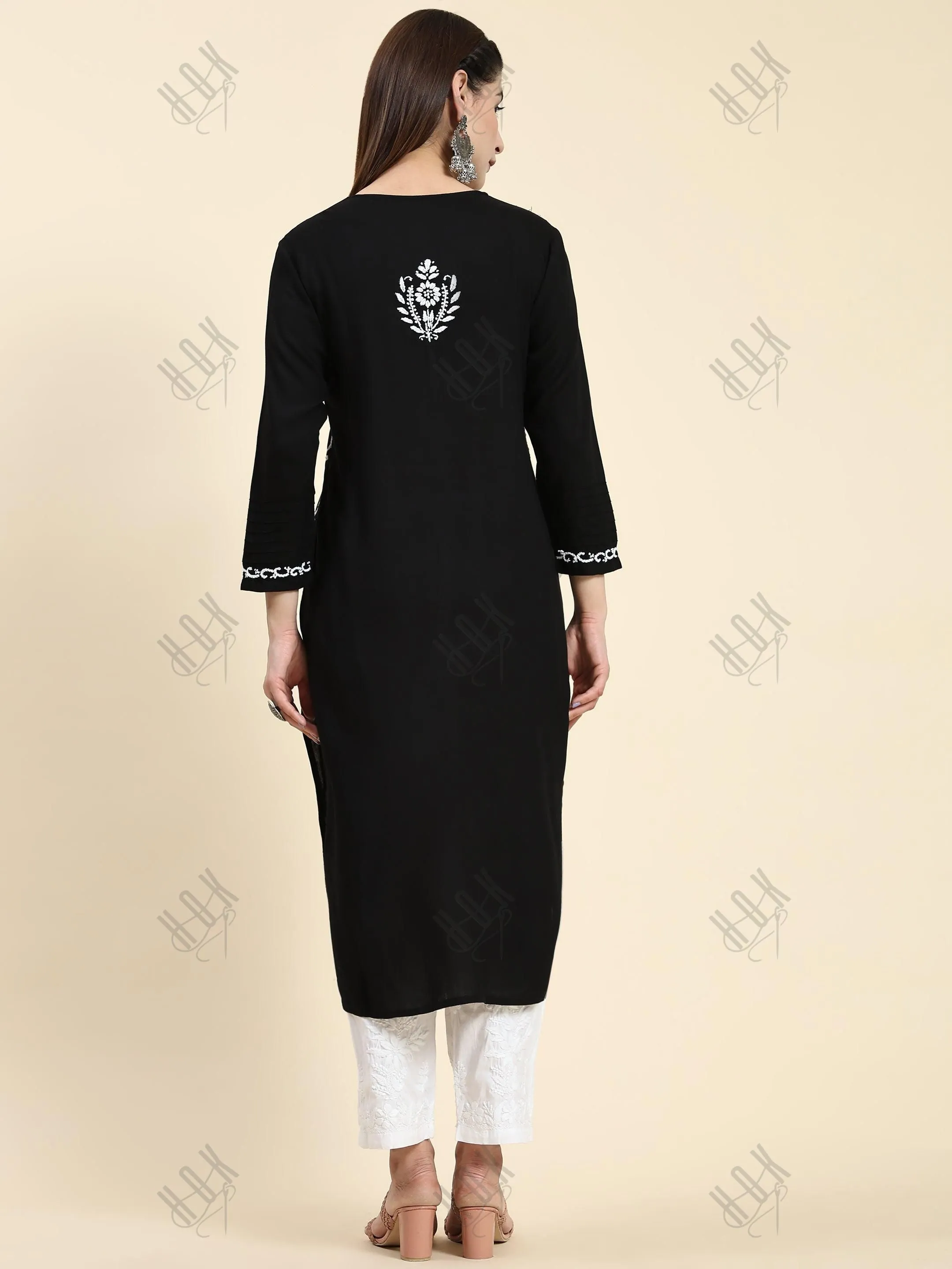 Samma Chikankari Long Kurta in Rayon Cotton for Women- Black With White