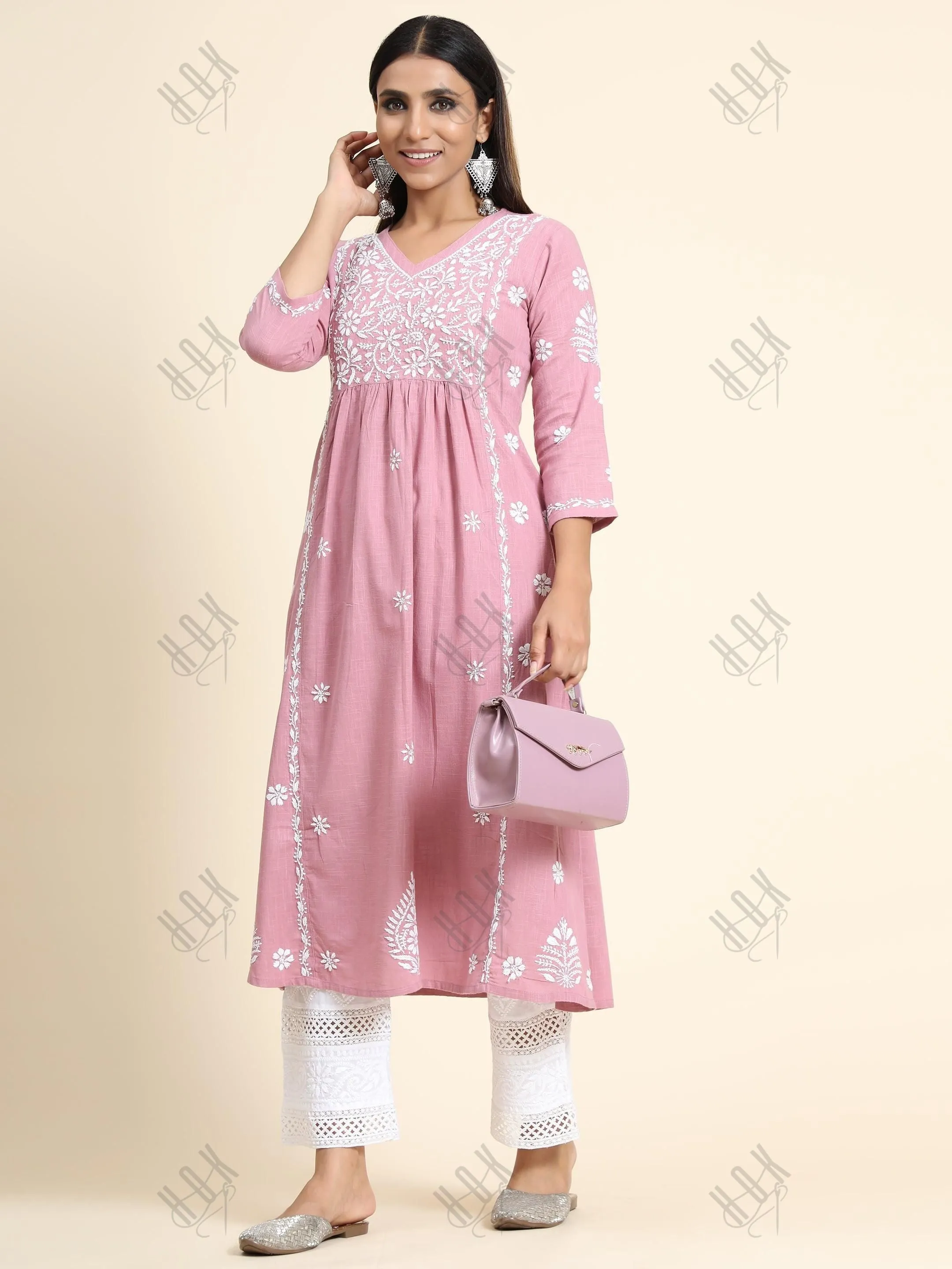 Sharmin in Hand Embroidery Chikankari Long Kurti for Women Peach