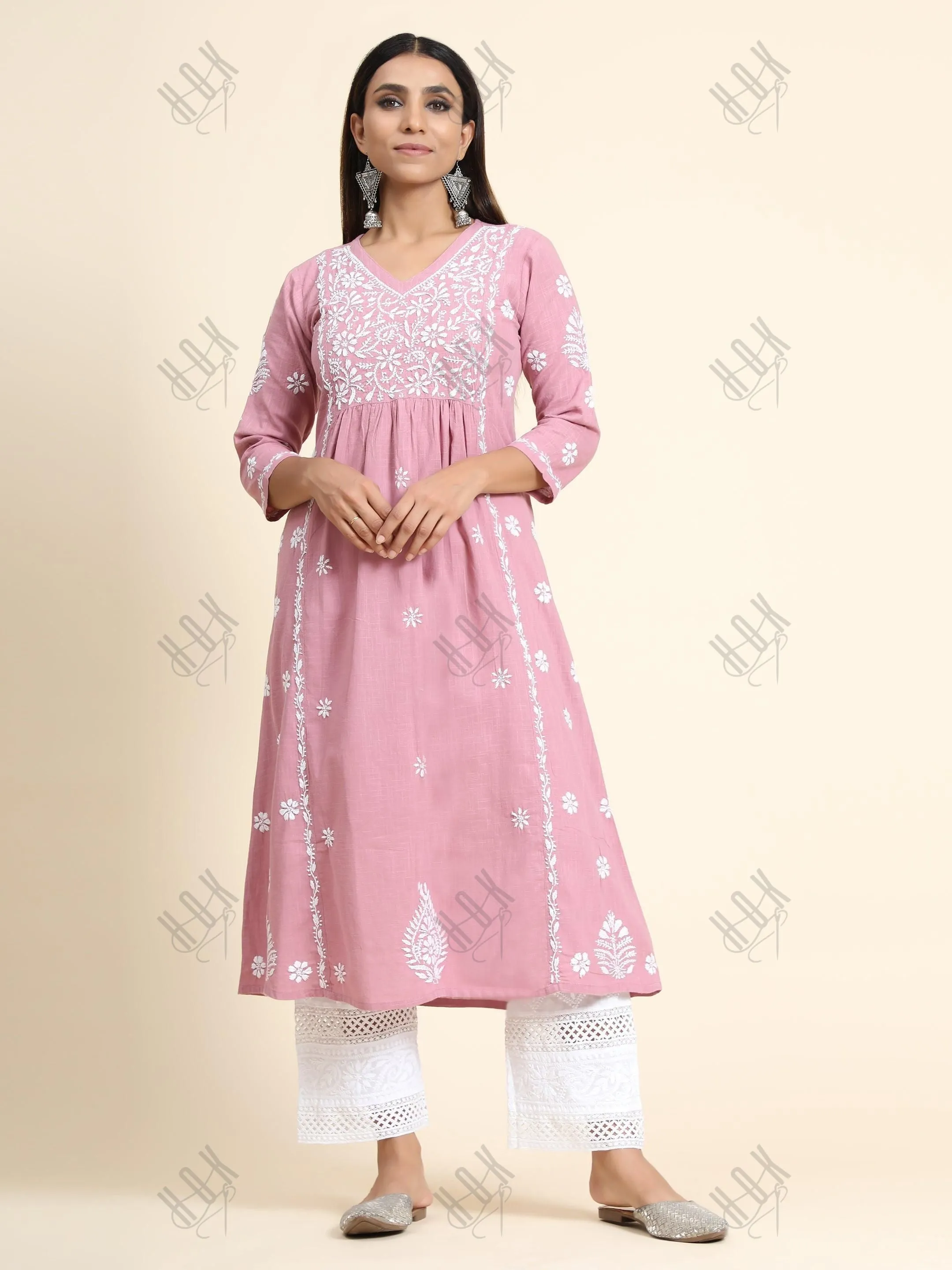 Sharmin in Hand Embroidery Chikankari Long Kurti for Women Peach