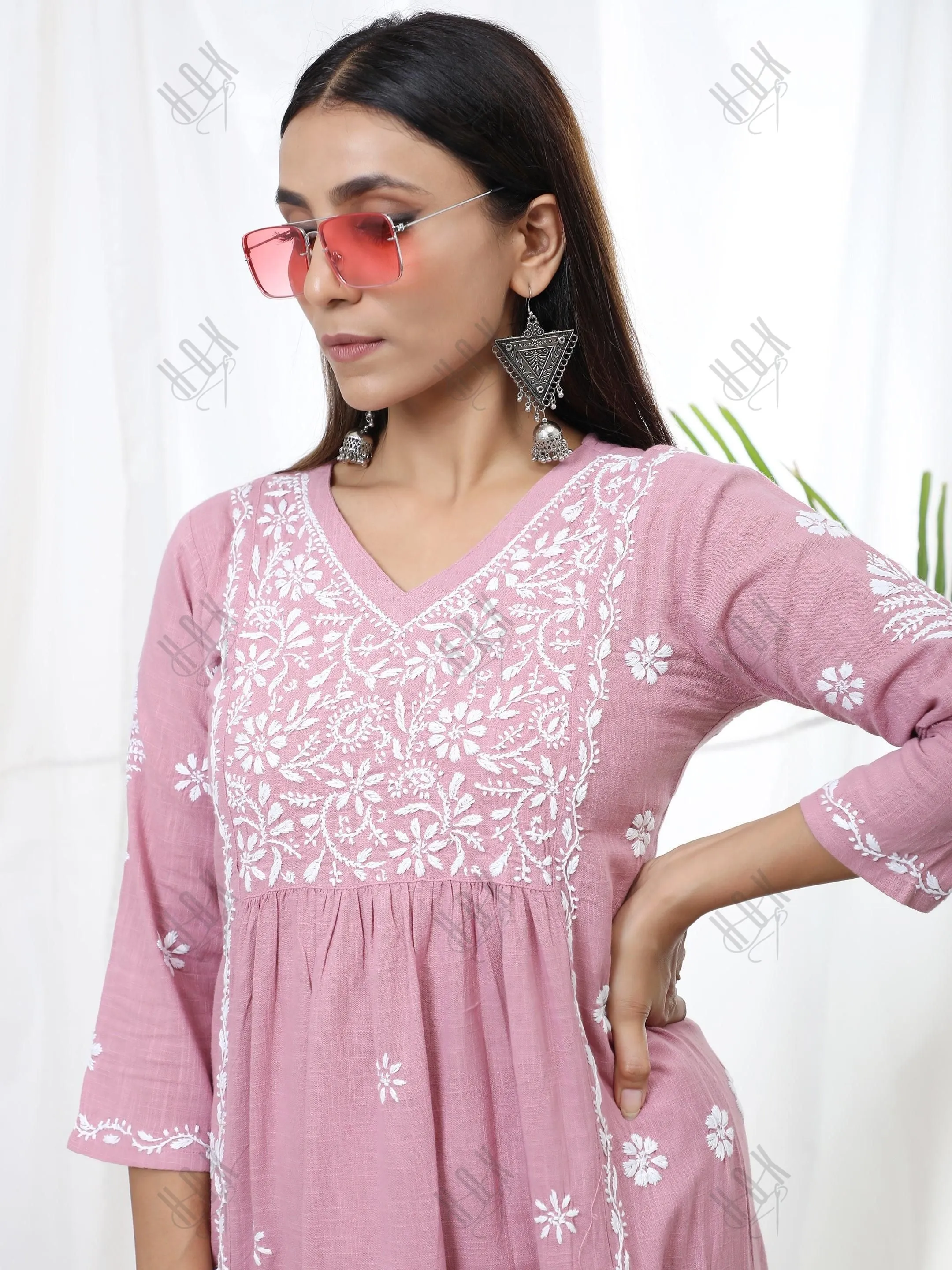 Sharmin in Hand Embroidery Chikankari Long Kurti for Women Peach