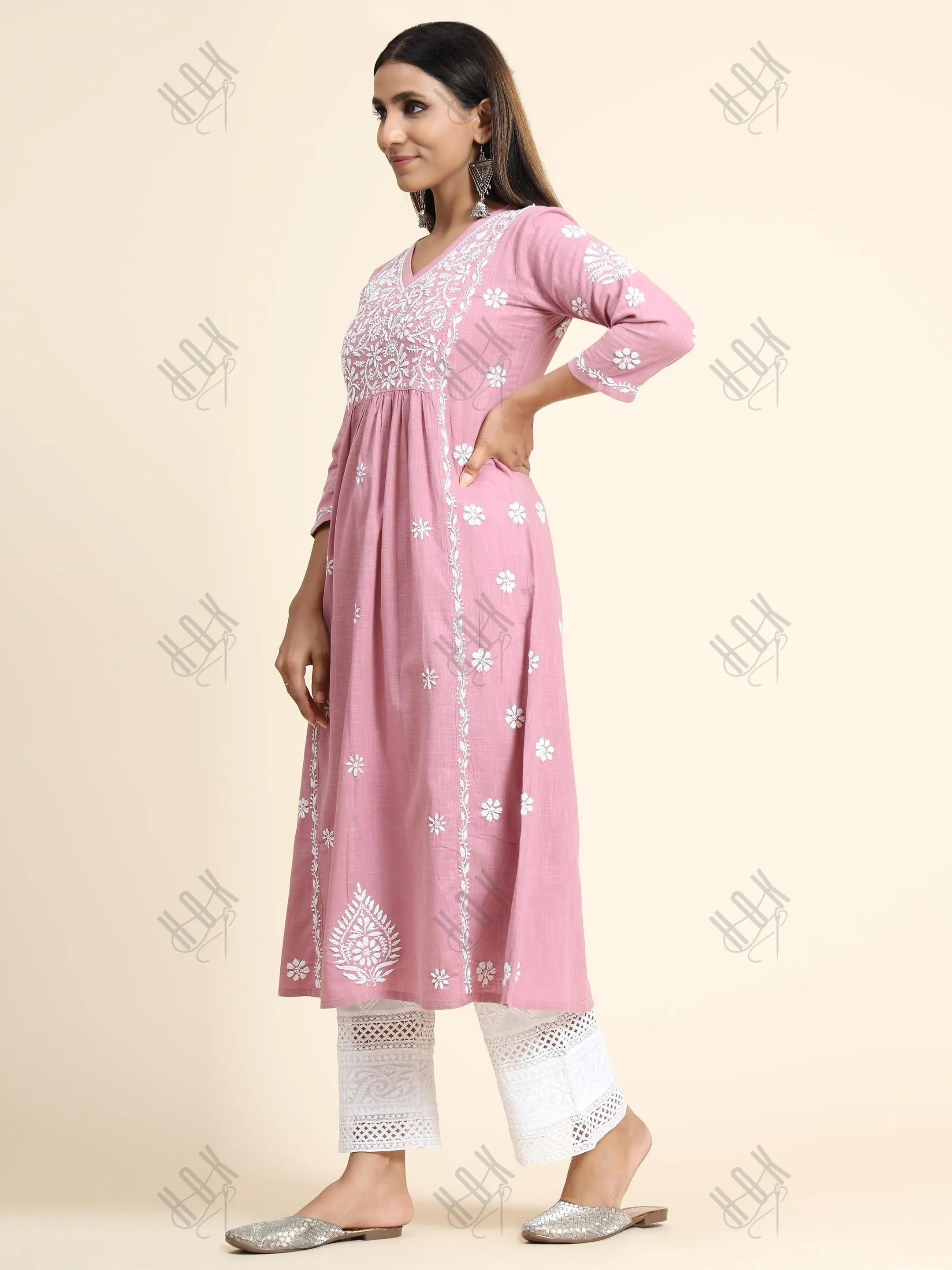 Sharmin in Hand Embroidery Chikankari Long Kurti for Women Peach