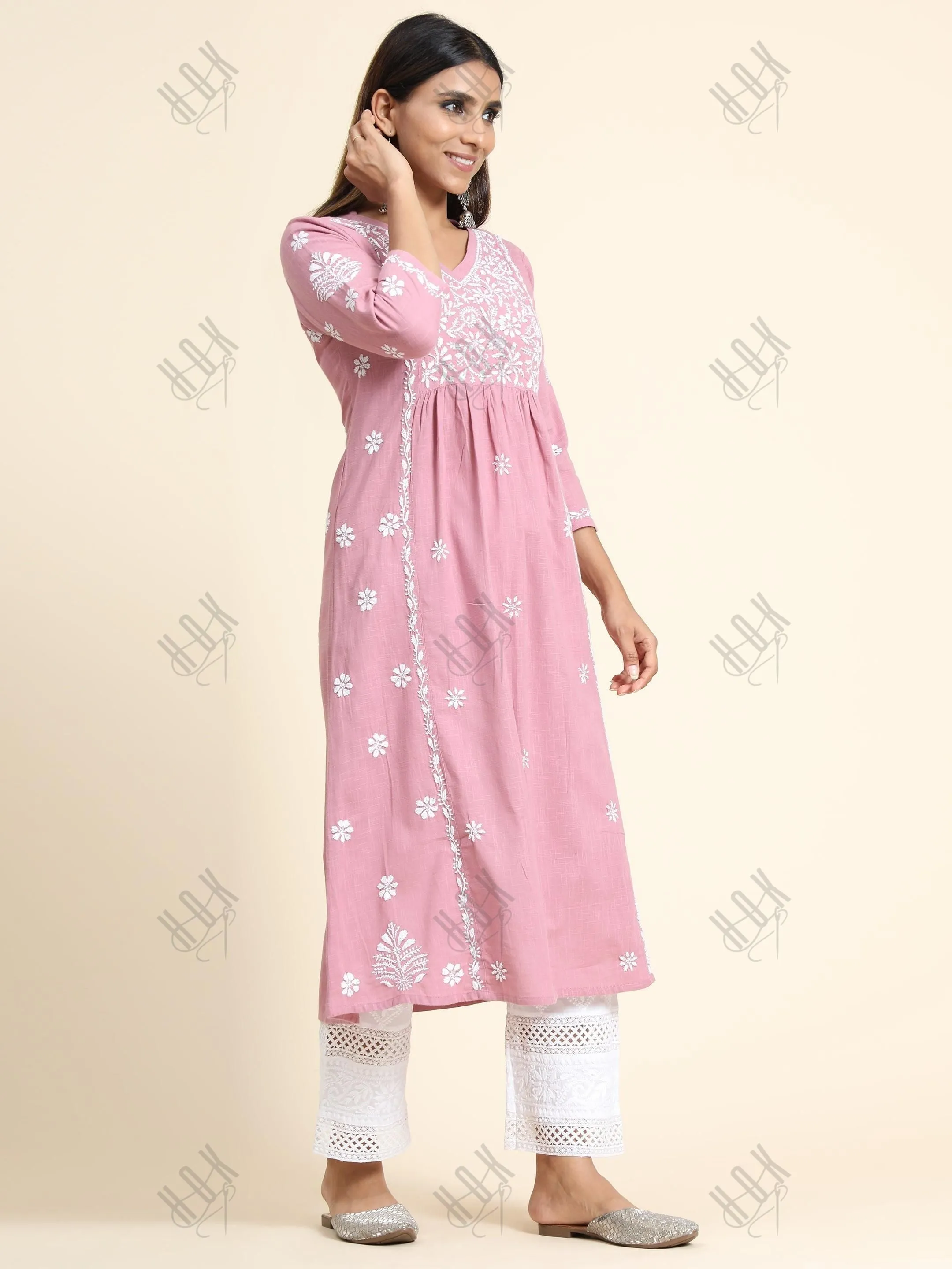 Sharmin in Hand Embroidery Chikankari Long Kurti for Women Peach