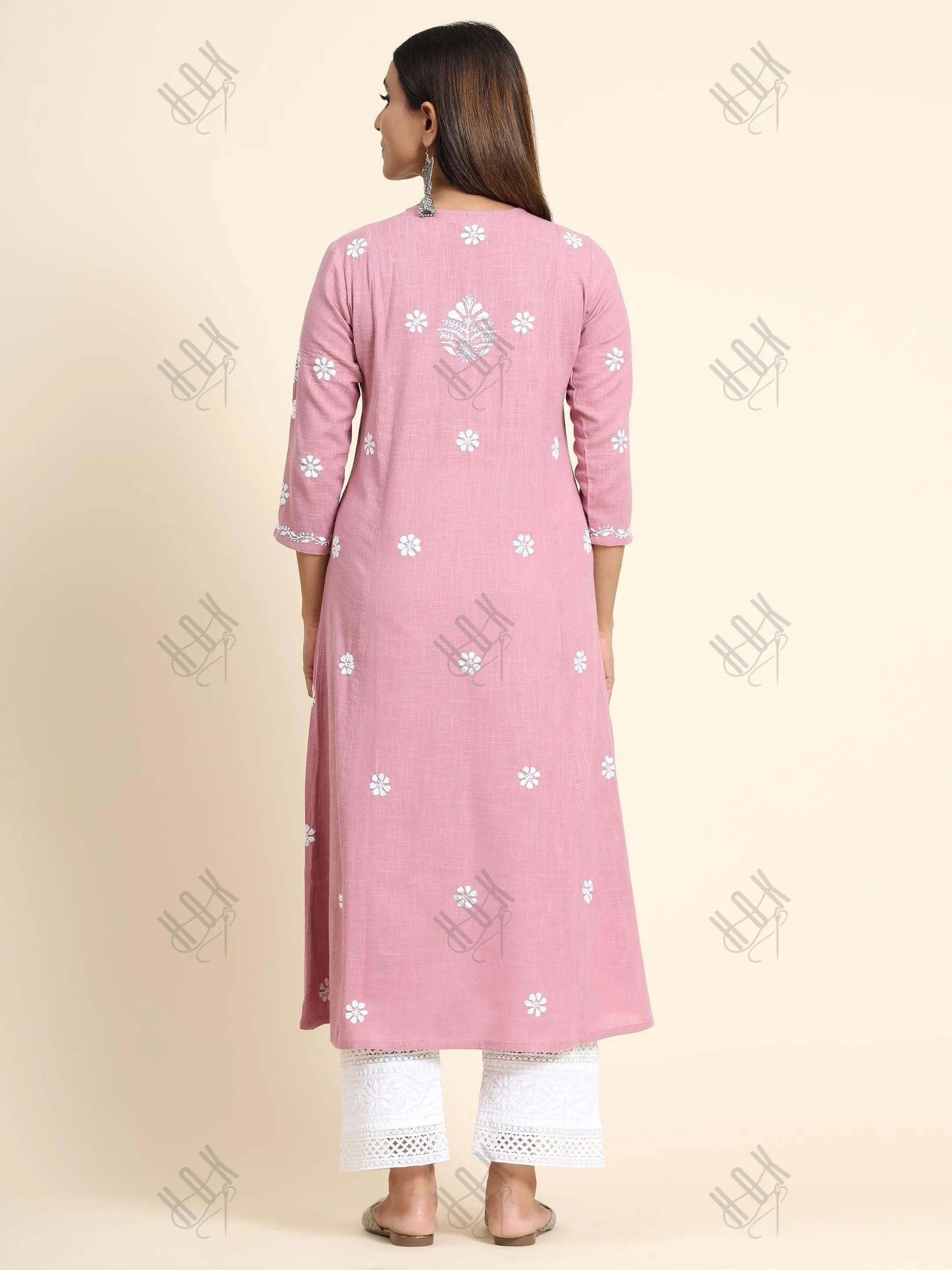 Sharmin in Hand Embroidery Chikankari Long Kurti for Women Peach