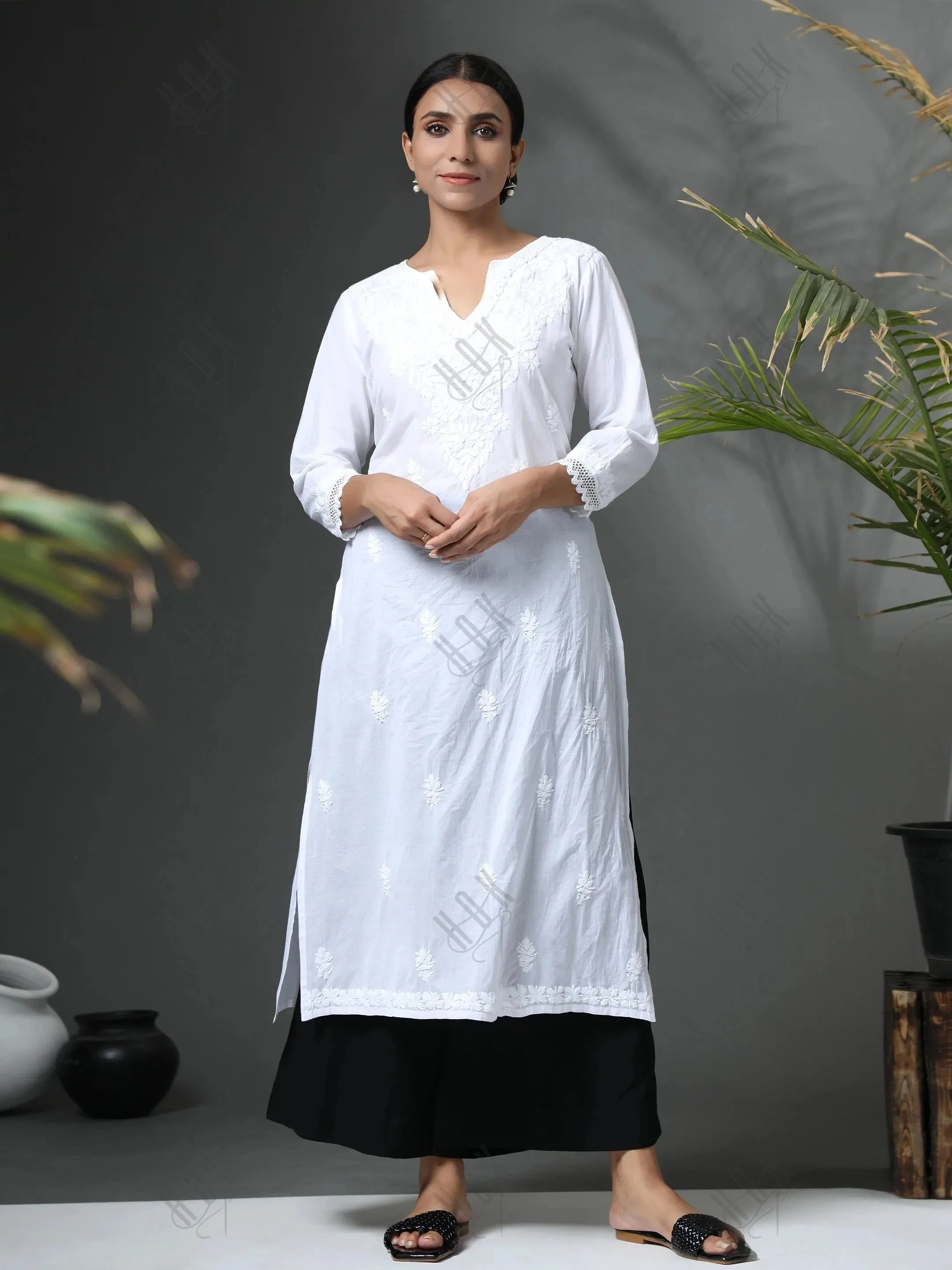 Sharmin in HOK Chikankari Long Kurti for Women in white