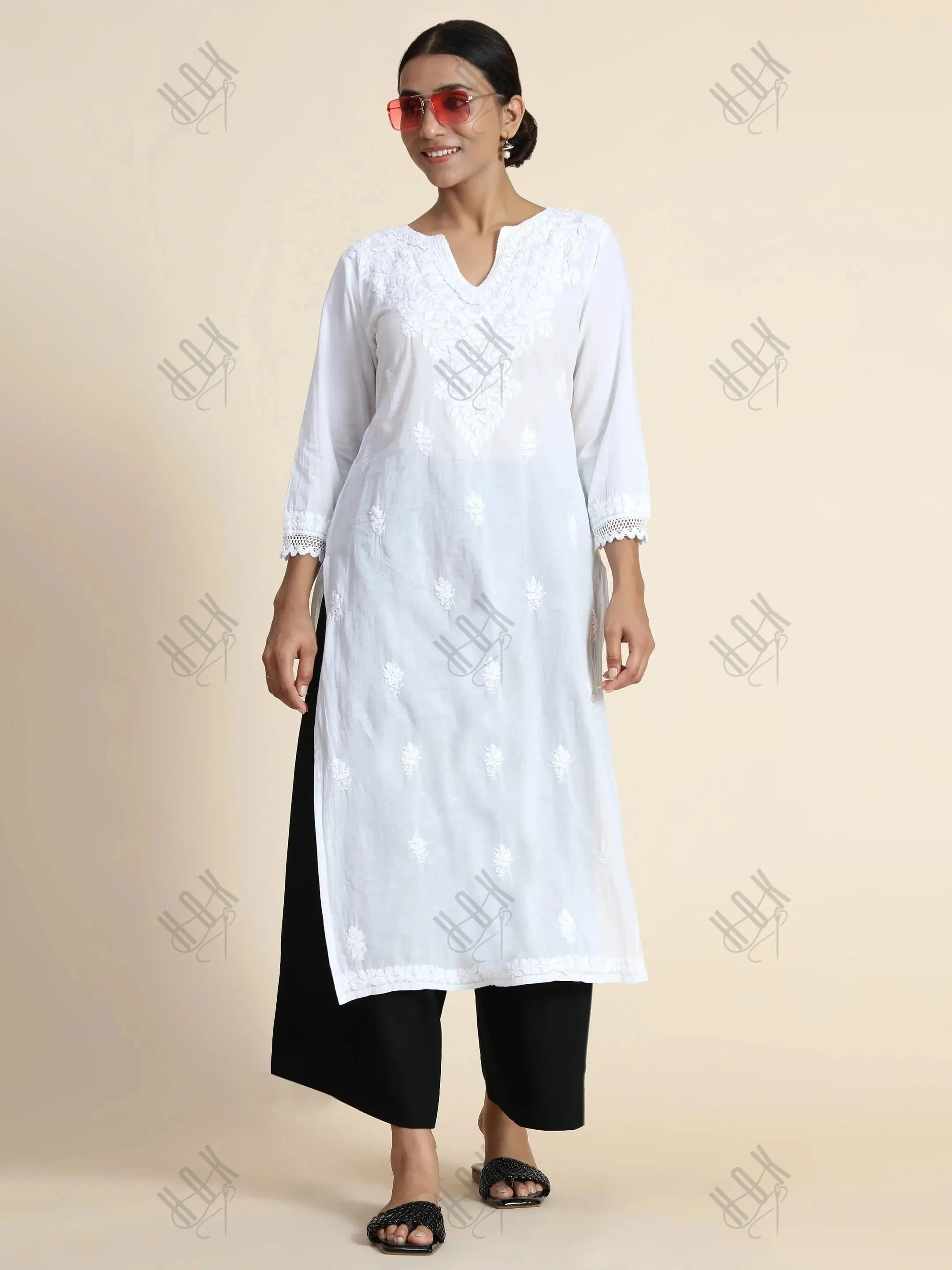 Sharmin in HOK Chikankari Long Kurti for Women in white